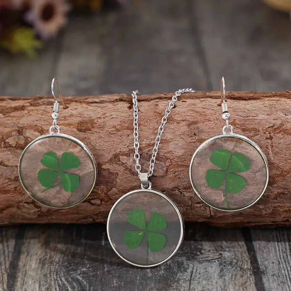 Lucky Clover Alloy Acrylic Earrings and Necklace Jewelry Set by Trendsi