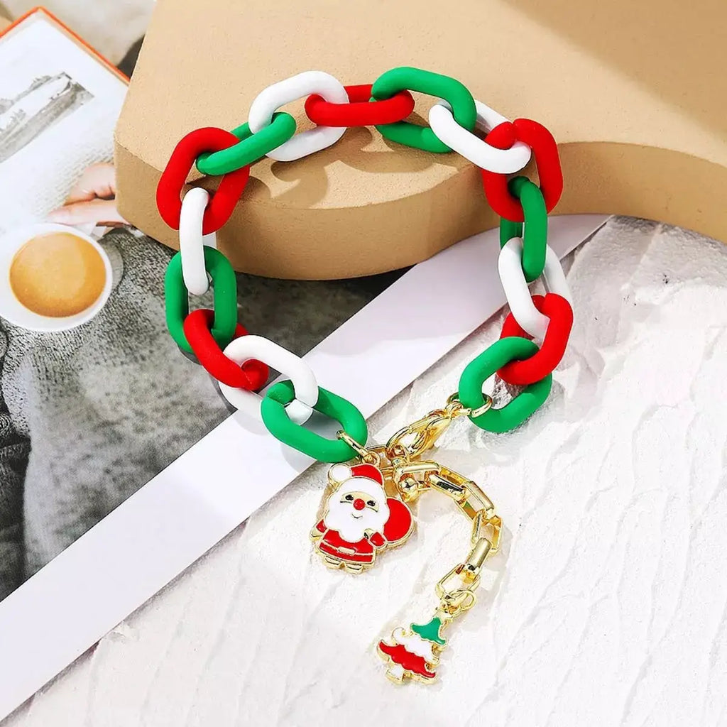 Christmas Festive Chain Link Bracelet with Santa Charm by Trendsi