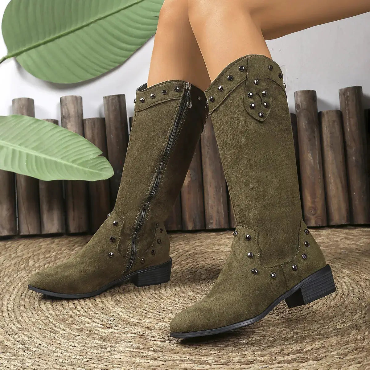 Studded Mid-Calf Boots with Side Zipper Closure by Trendsi