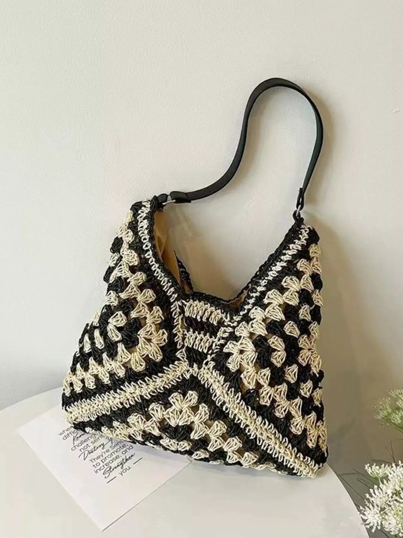 Crochet Two-Tone Shoulder Bag by Trendsi