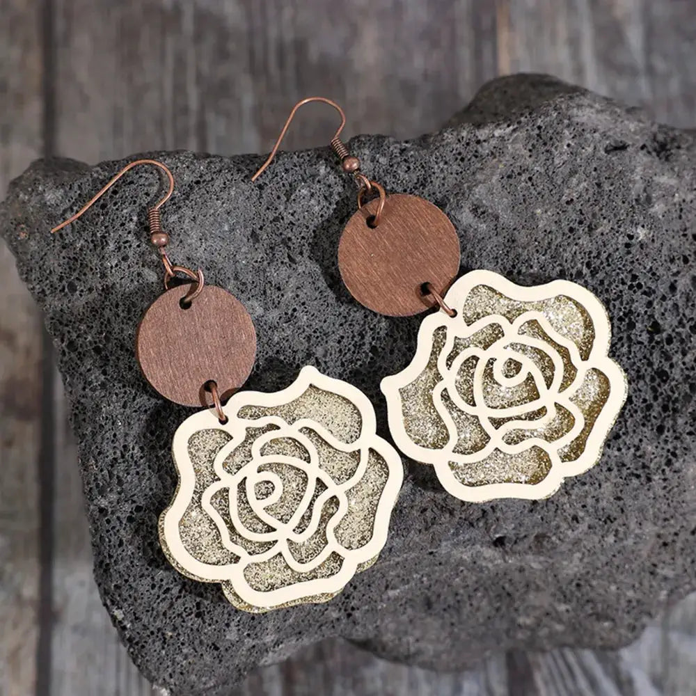 Wooden Alloy Rose Shape Dangle Earrings by Trendsi