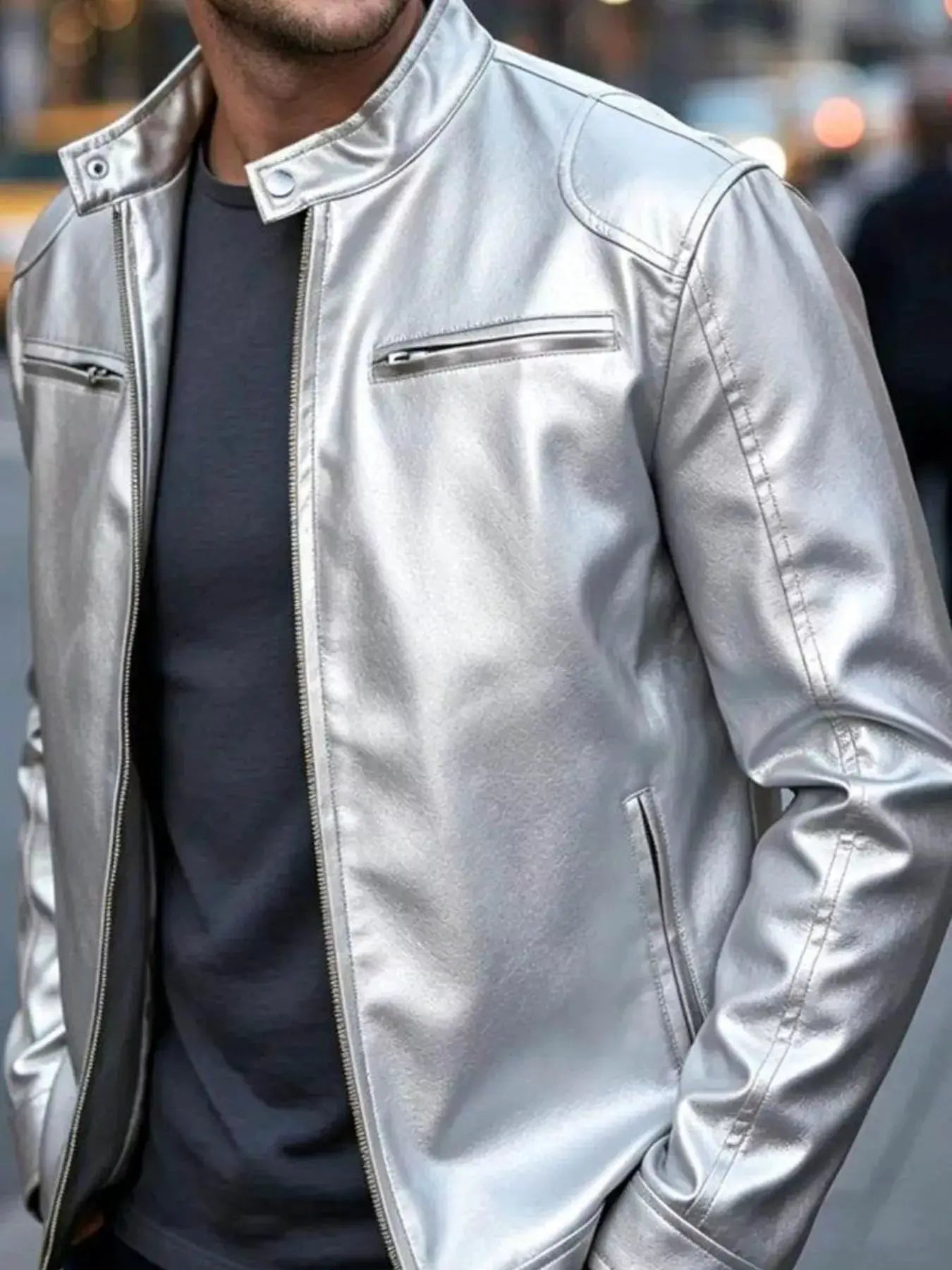 Men's Full Size Faux Leather Bomber Jacket with Zipper Pockets Plus Size by Trendsi
