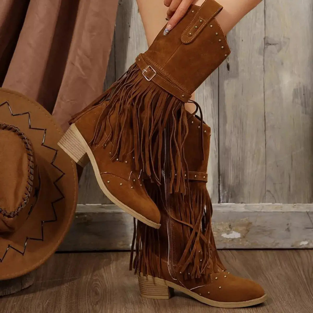 Fringe Point Toe Block Heels Boots by Trendsi