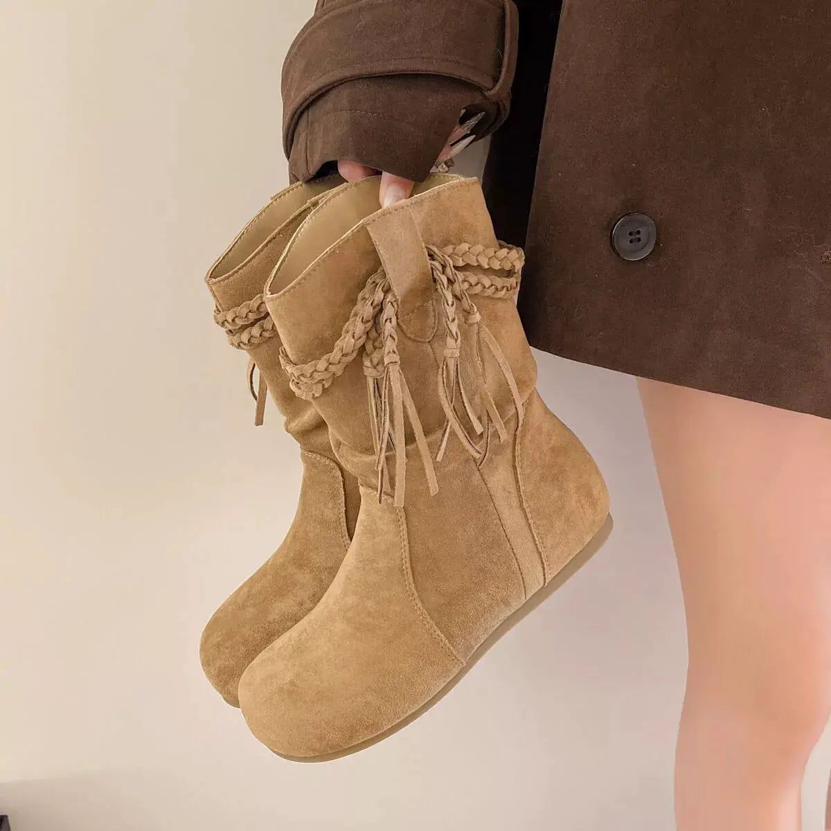Suede Fringe Round Toe Boots by Trendsi