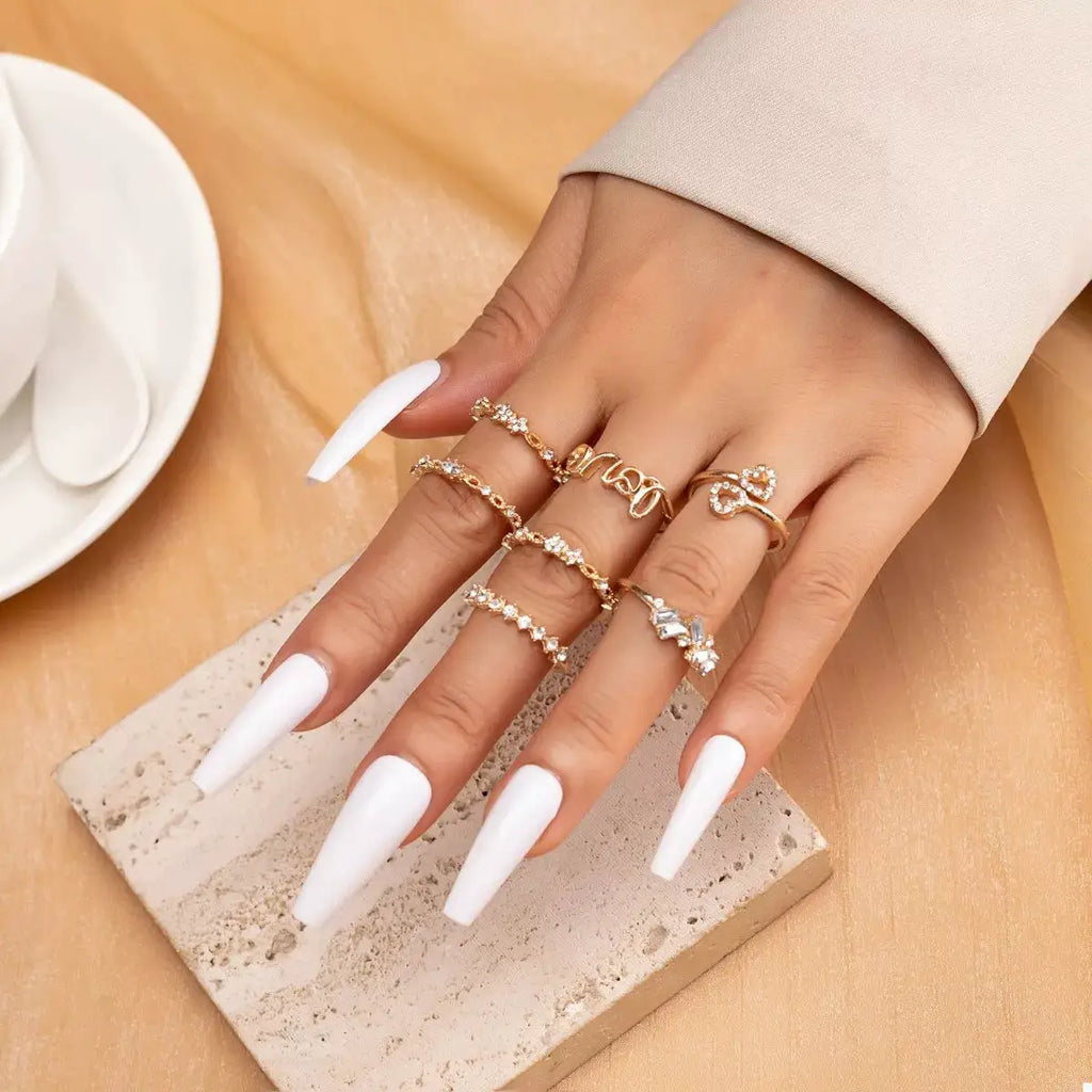 7 Piece 18K Gold-Plated LOVE Zircon Ring Set by Trendsi