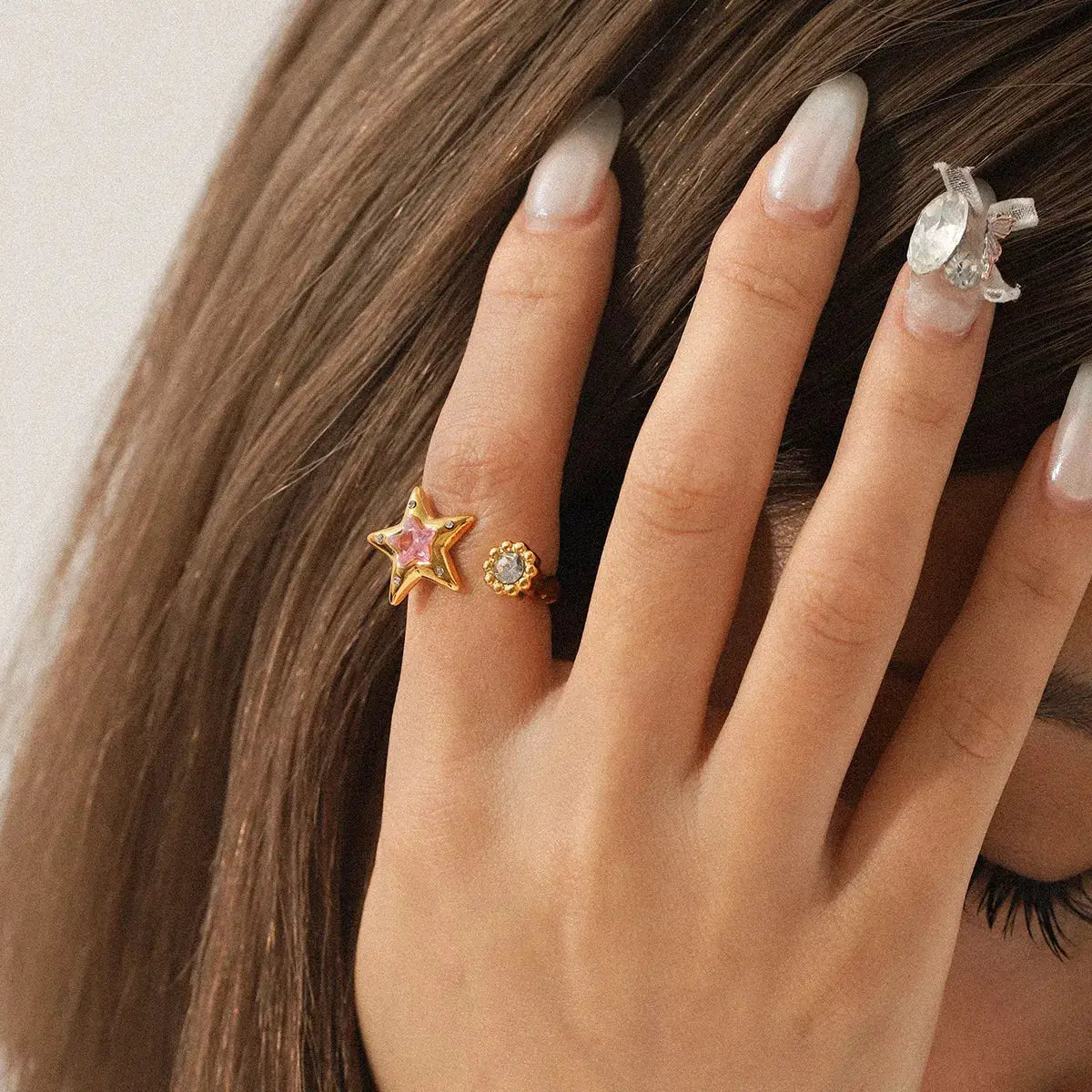 18K Gold-Plated Zircon Star Open Ring by Trendsi