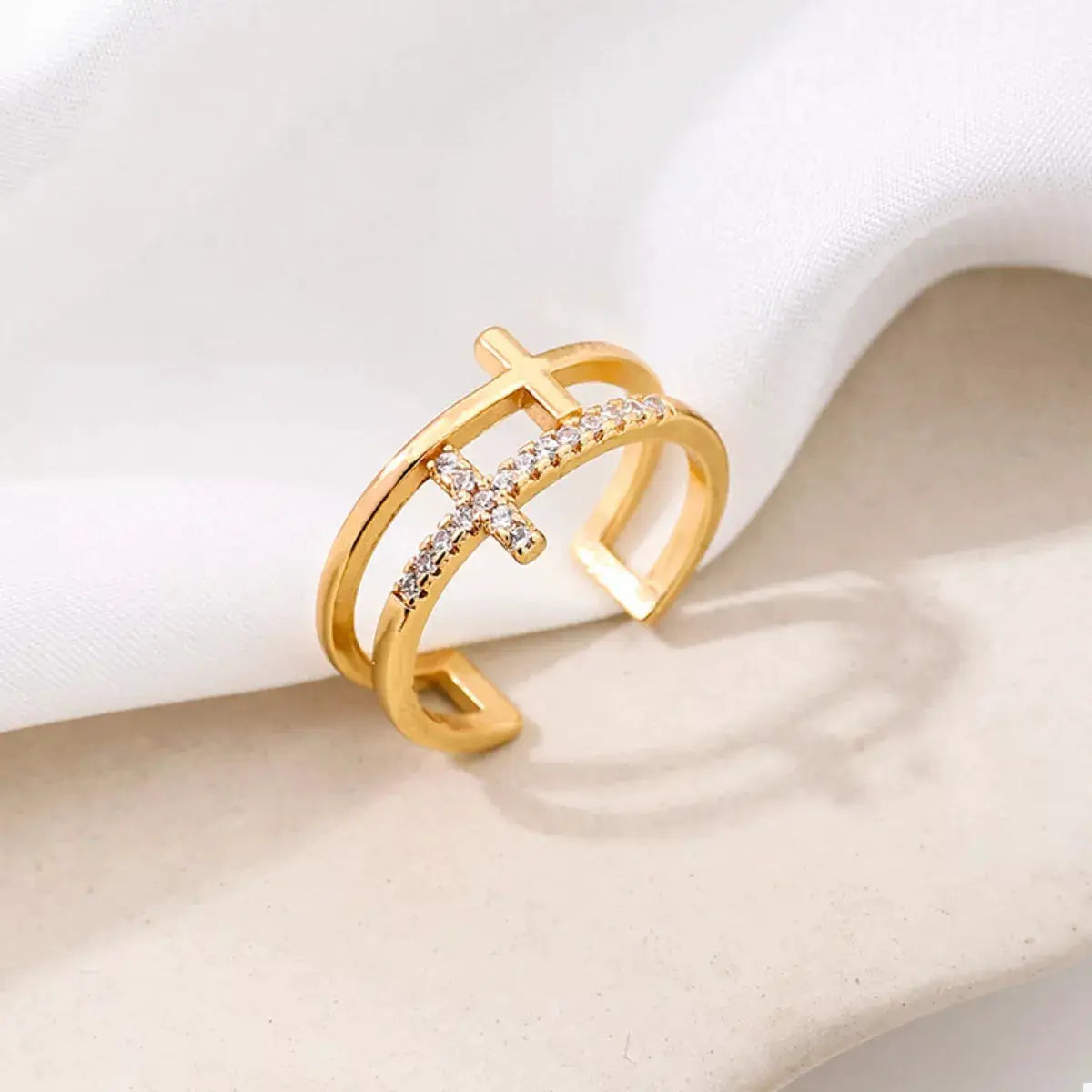 18K Gold-Plated Rhinestone Cross Open Ring by Trendsi