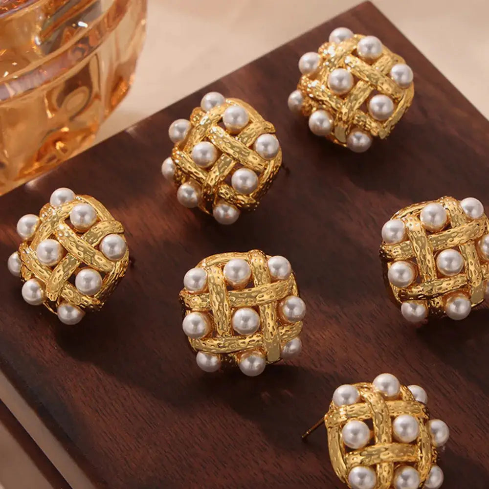 Copper Shell Pearl Stud Earrings by Trendsi