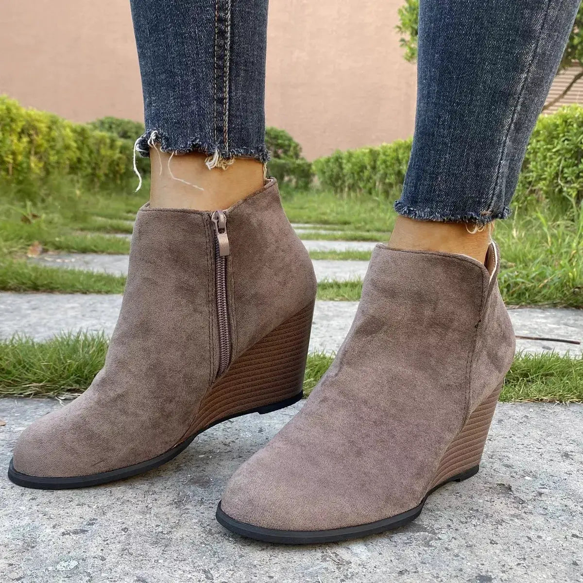 Round Toe Wedge Ankle Boots by Trendsi