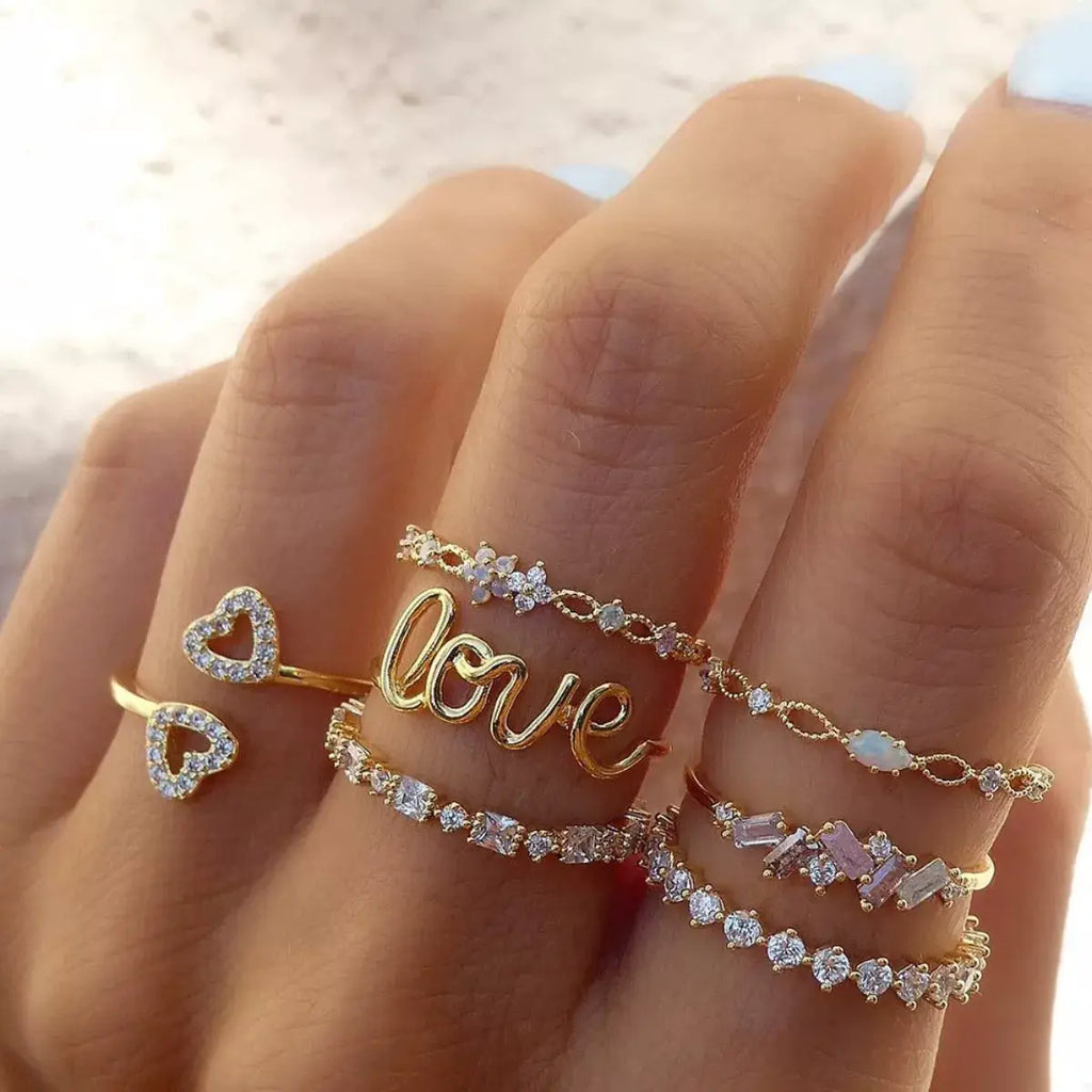 7 Piece 18K Gold-Plated LOVE Zircon Ring Set by Trendsi