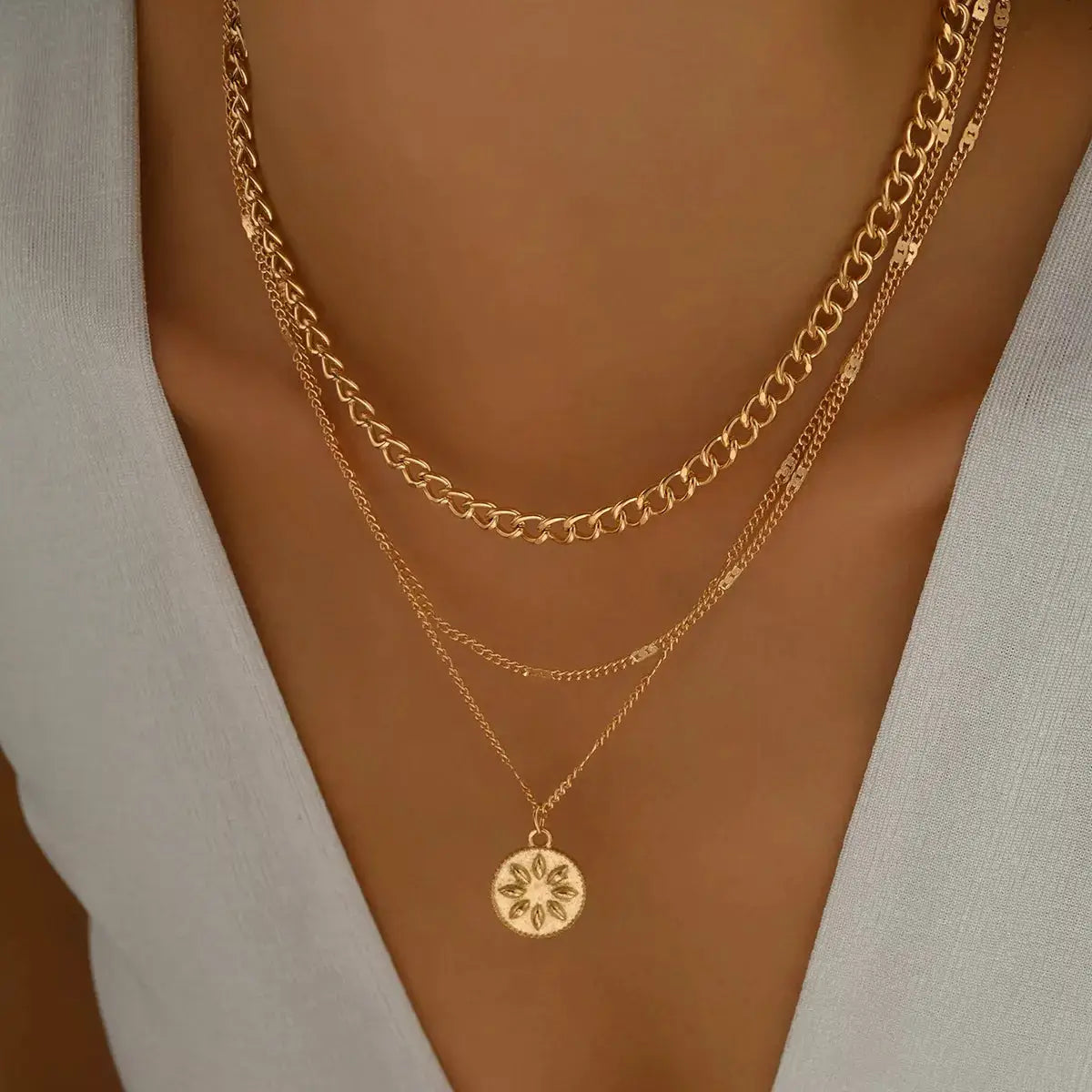 18K Gold-Plated Three Layered Pendant Necklace by Trendsi