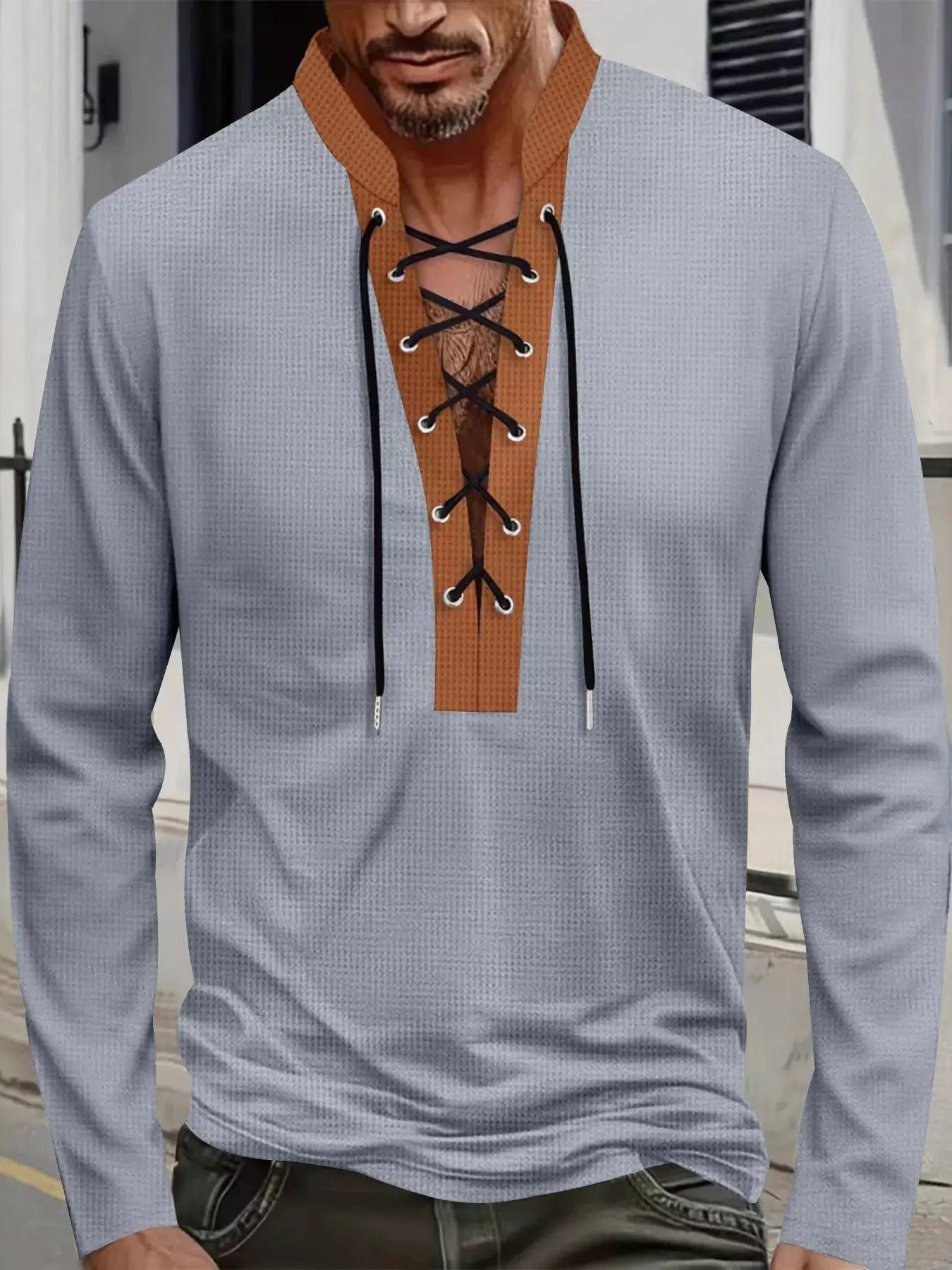 Men's Full Size Vintage Lace-Up Long Sleeve T-Shirt Plus Size by Trendsi