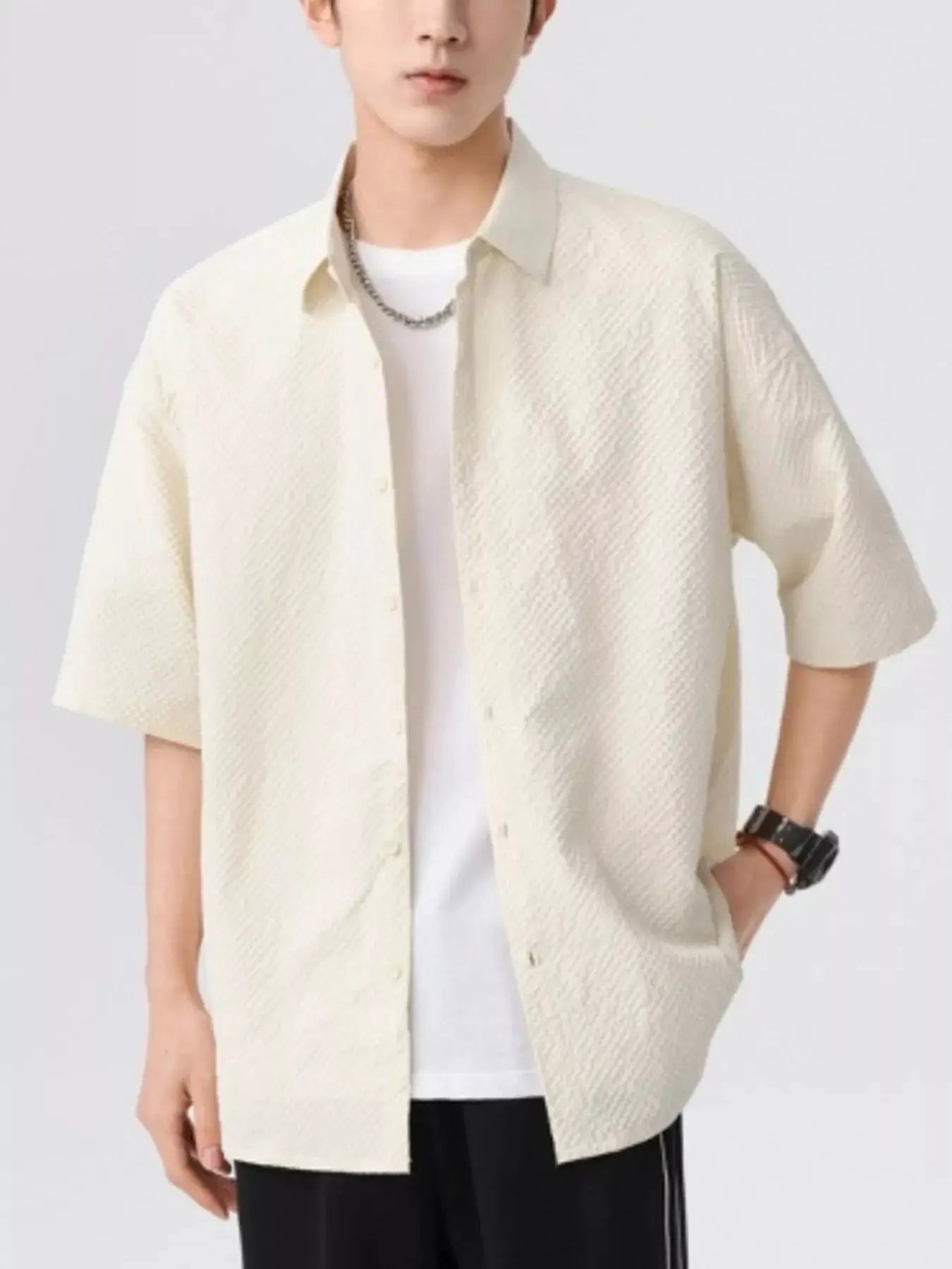 Men's Full Size Textured Short-Sleeve Shirt Plus Size by Trendsi