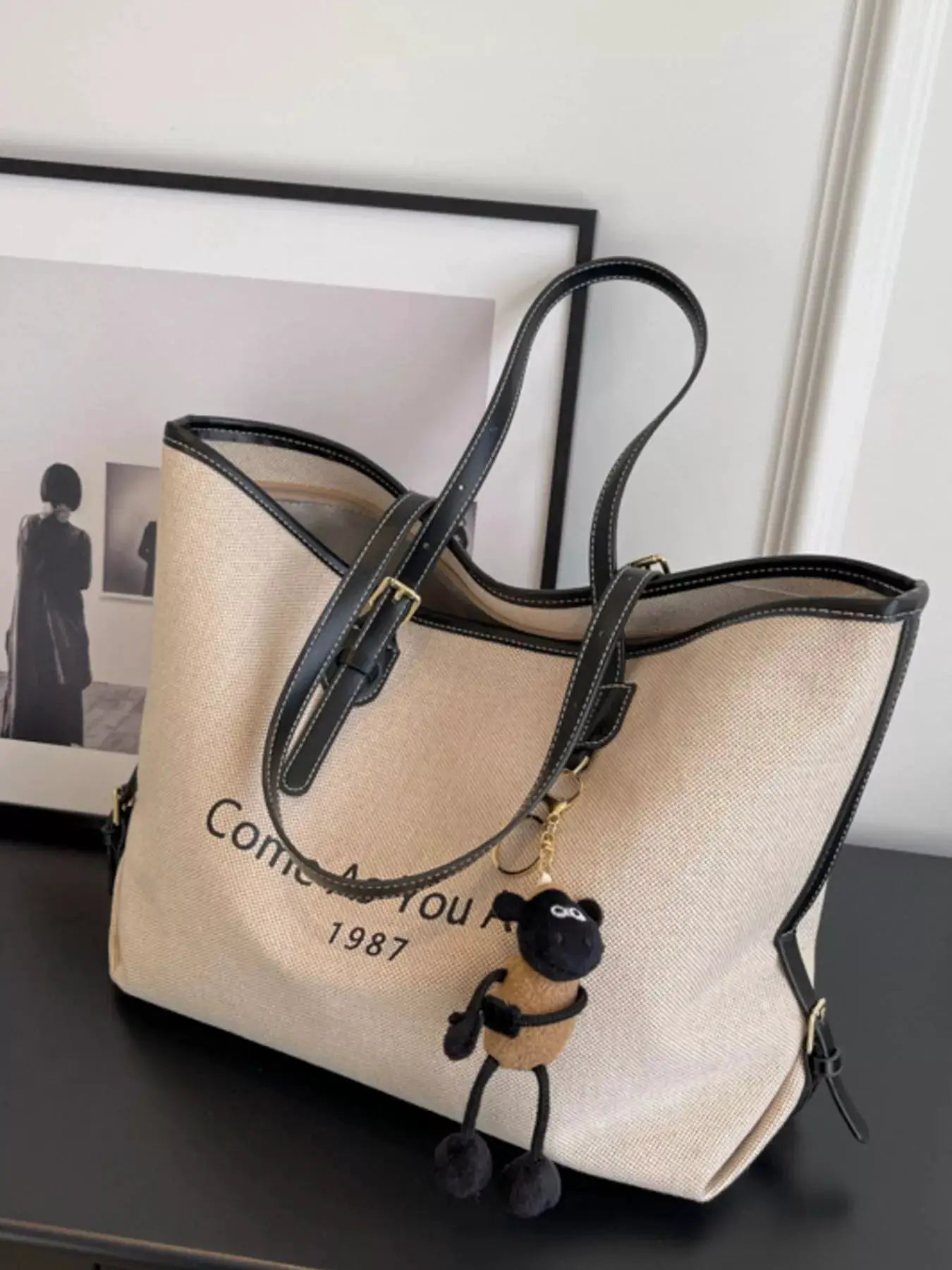 Canvas Tote Shoulder Bag with Charm by Trendsi