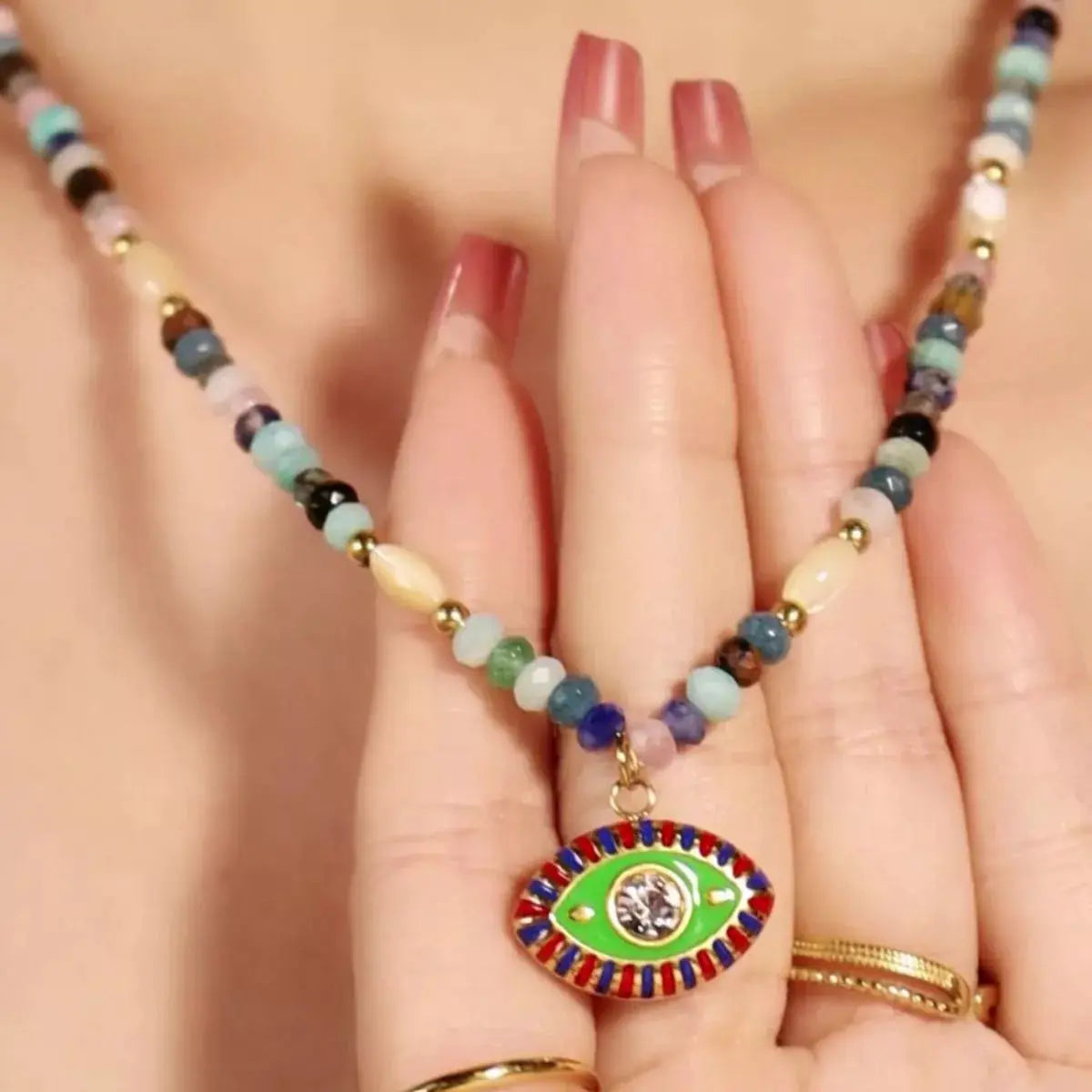 Zircon Bead Evil Eye Pendant Necklace by Trendsi