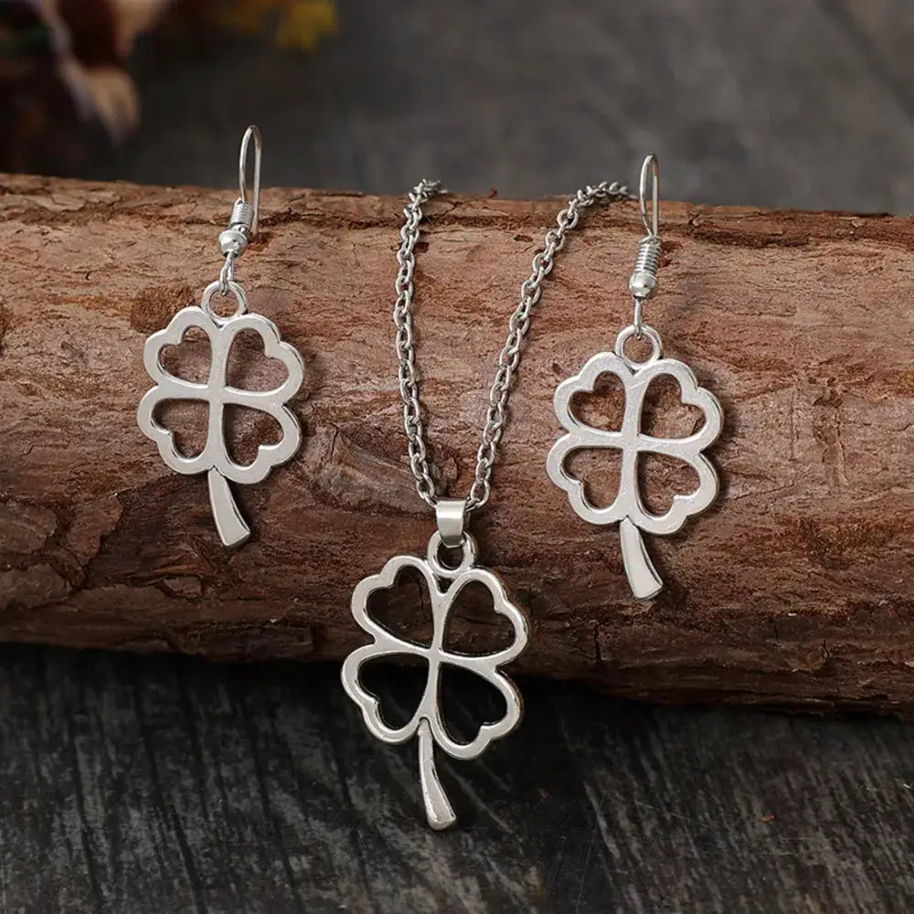 Lucky Clover Alloy Earrings and Necklace Jewelry Set by Trendsi