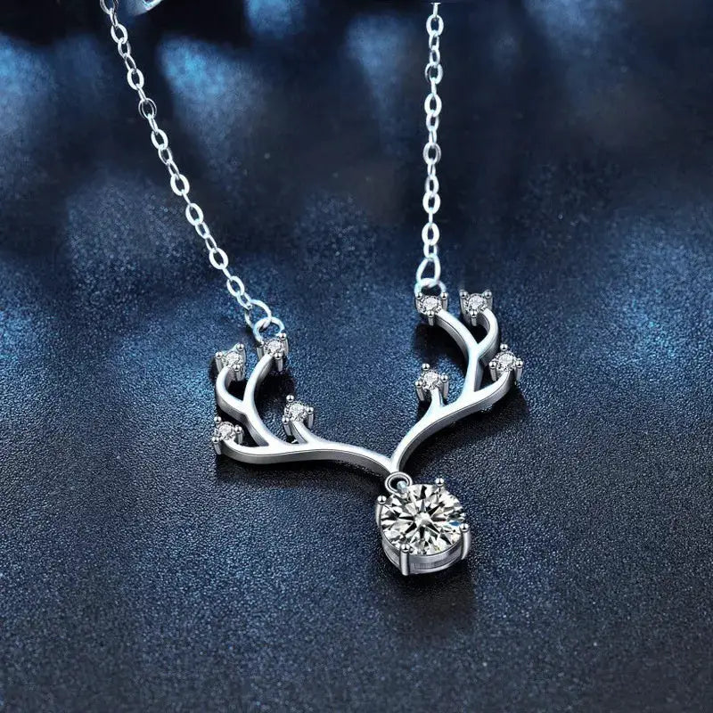 1 Carat Moissanite 925 Sterling Silver Deer Antler Pendant Necklace by Trendsi
