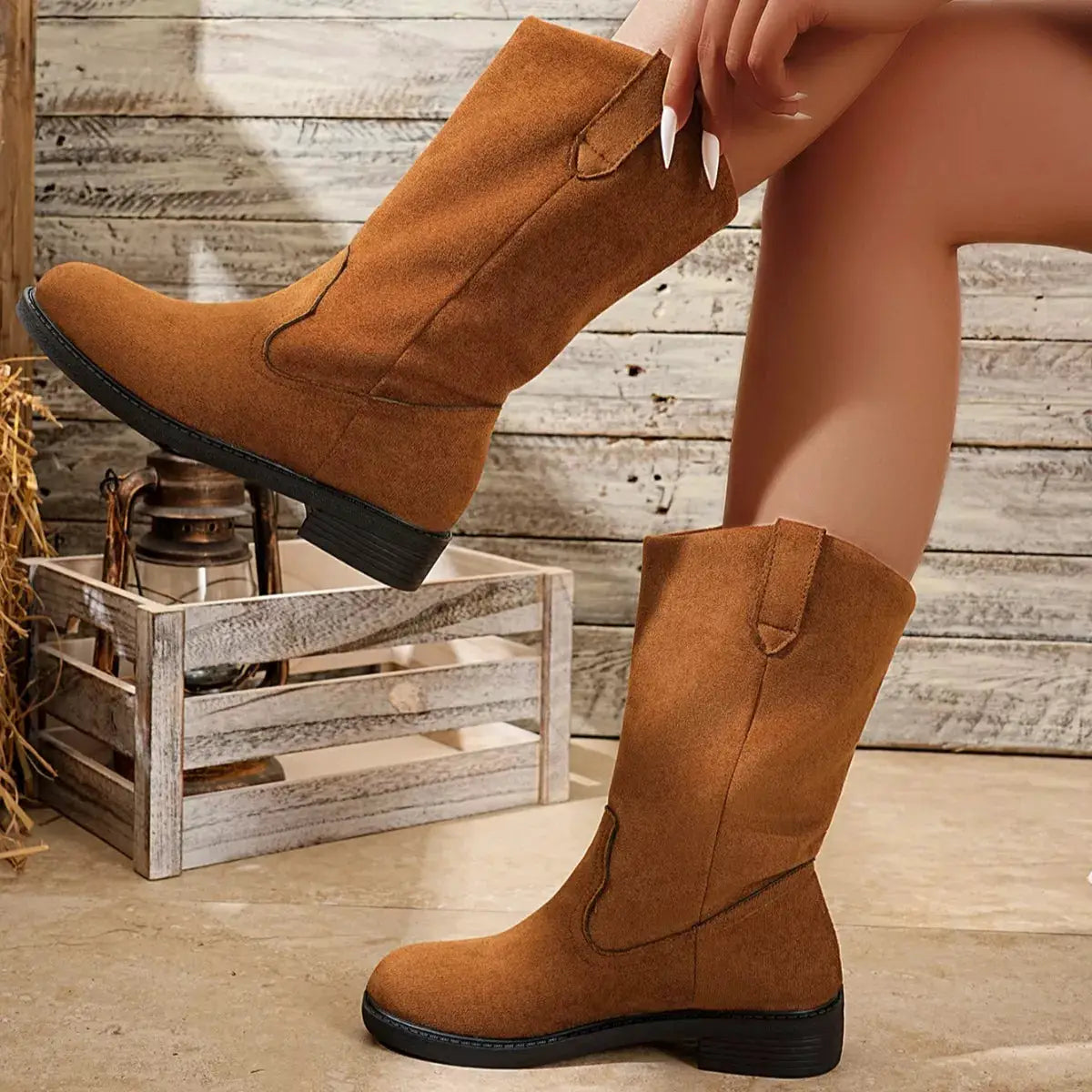Suede Mid-Calf Western Boots by Trendsi