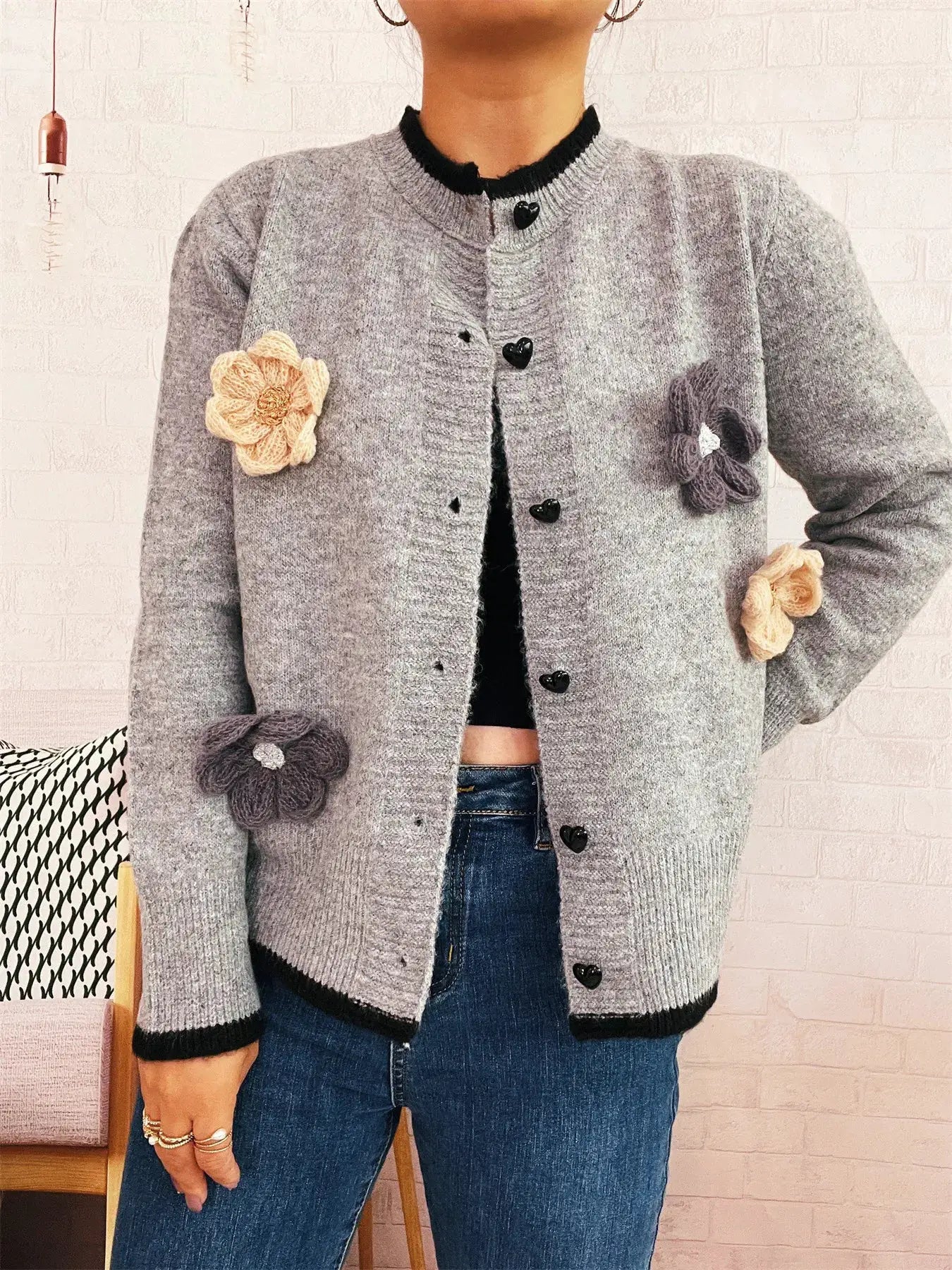 Flower Button Up Long Sleeve Cardigan by Trendsi
