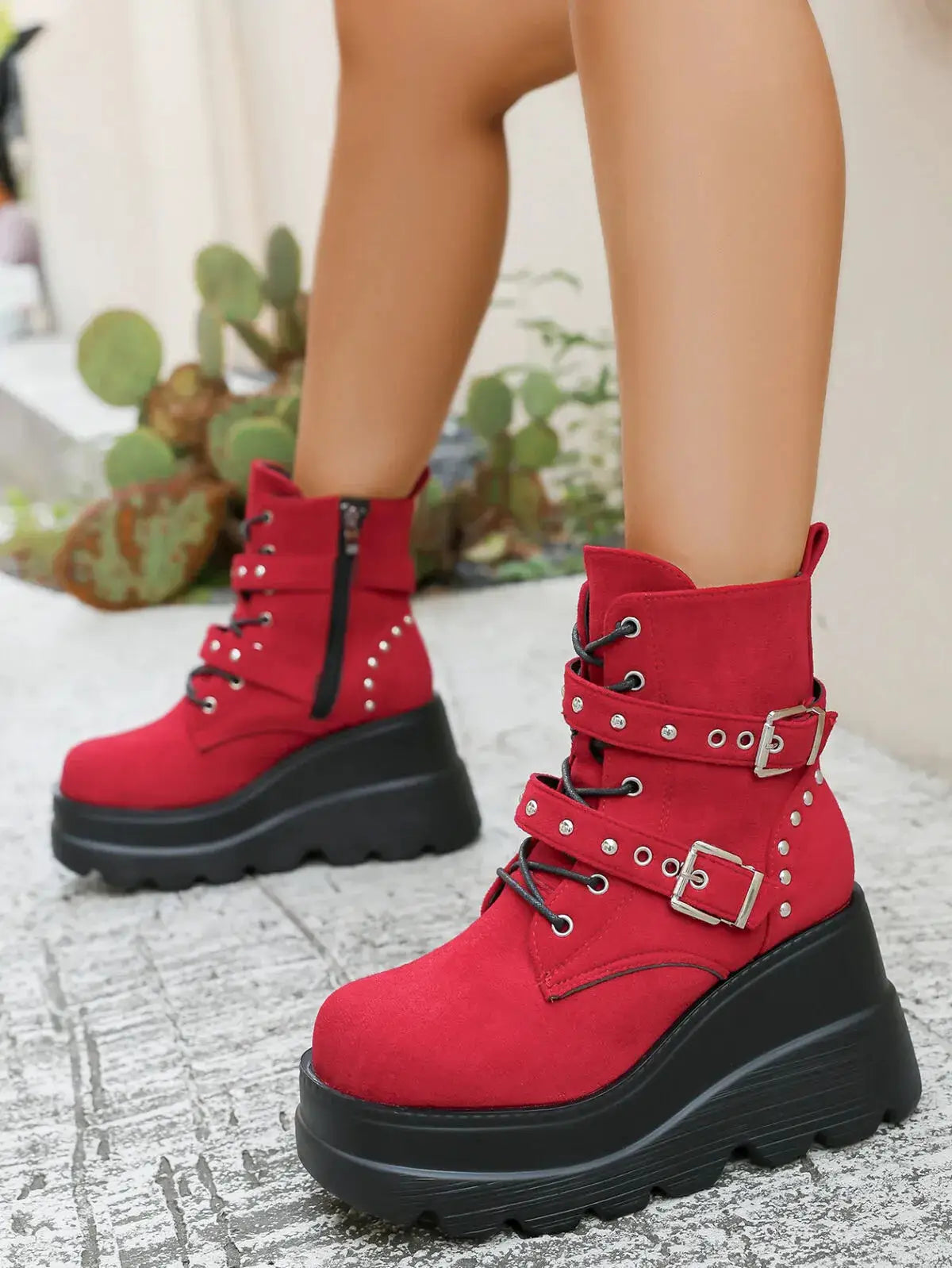 Lace Up Platform Wedge Boots by Trendsi
