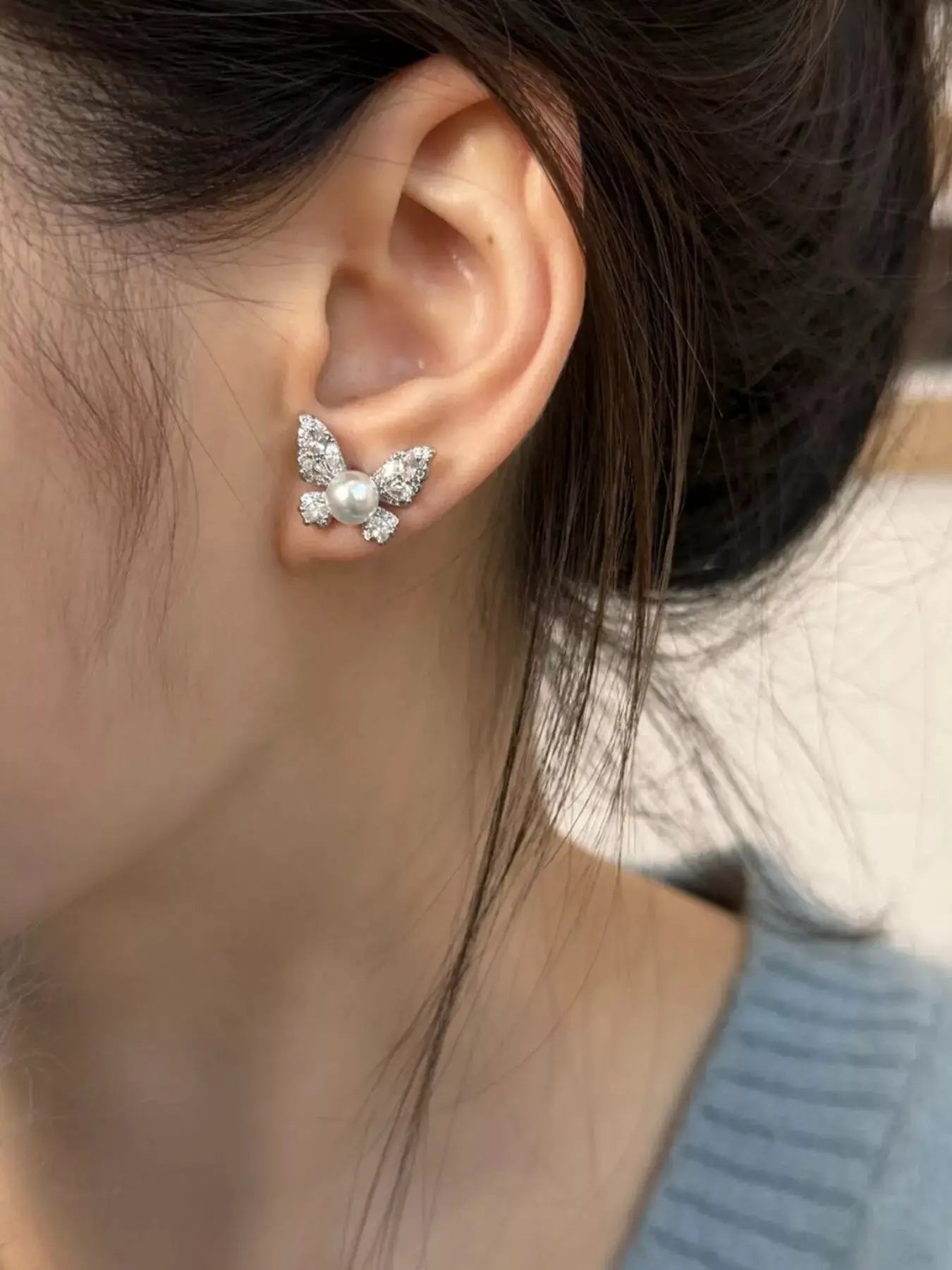 Butterfly Pearl Stud Earrings by Trendsi