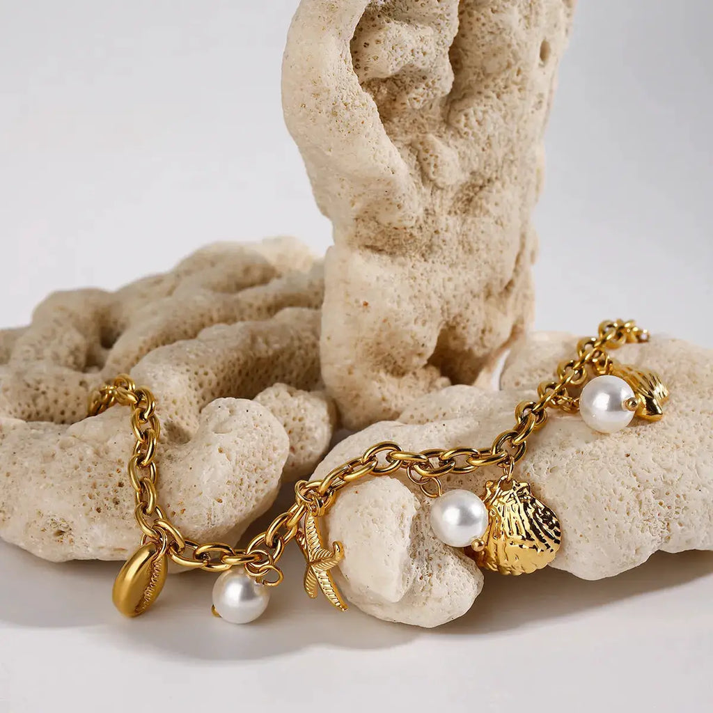 Ocean Theme Stainless Steel Chain Bracelet with Seashell and Starfish Pendants by Trendsi