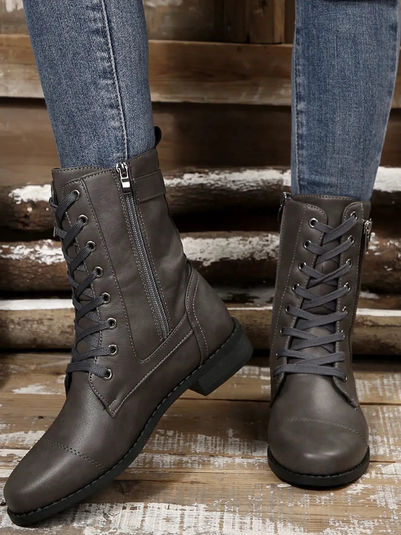 Lace Up Round Toe Boots by Trendsi