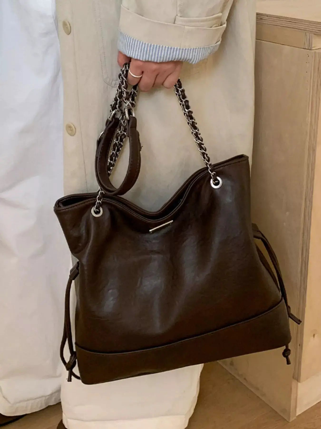 Chain Strap Faux Leather Tote Bag by Trendsi