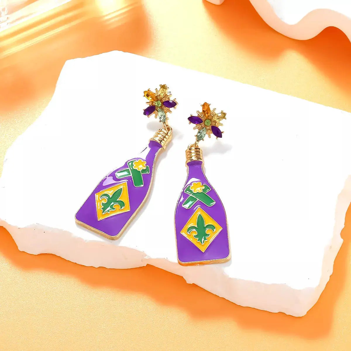 Mardi Gras Bottle Dangle Earrings by Trendsi