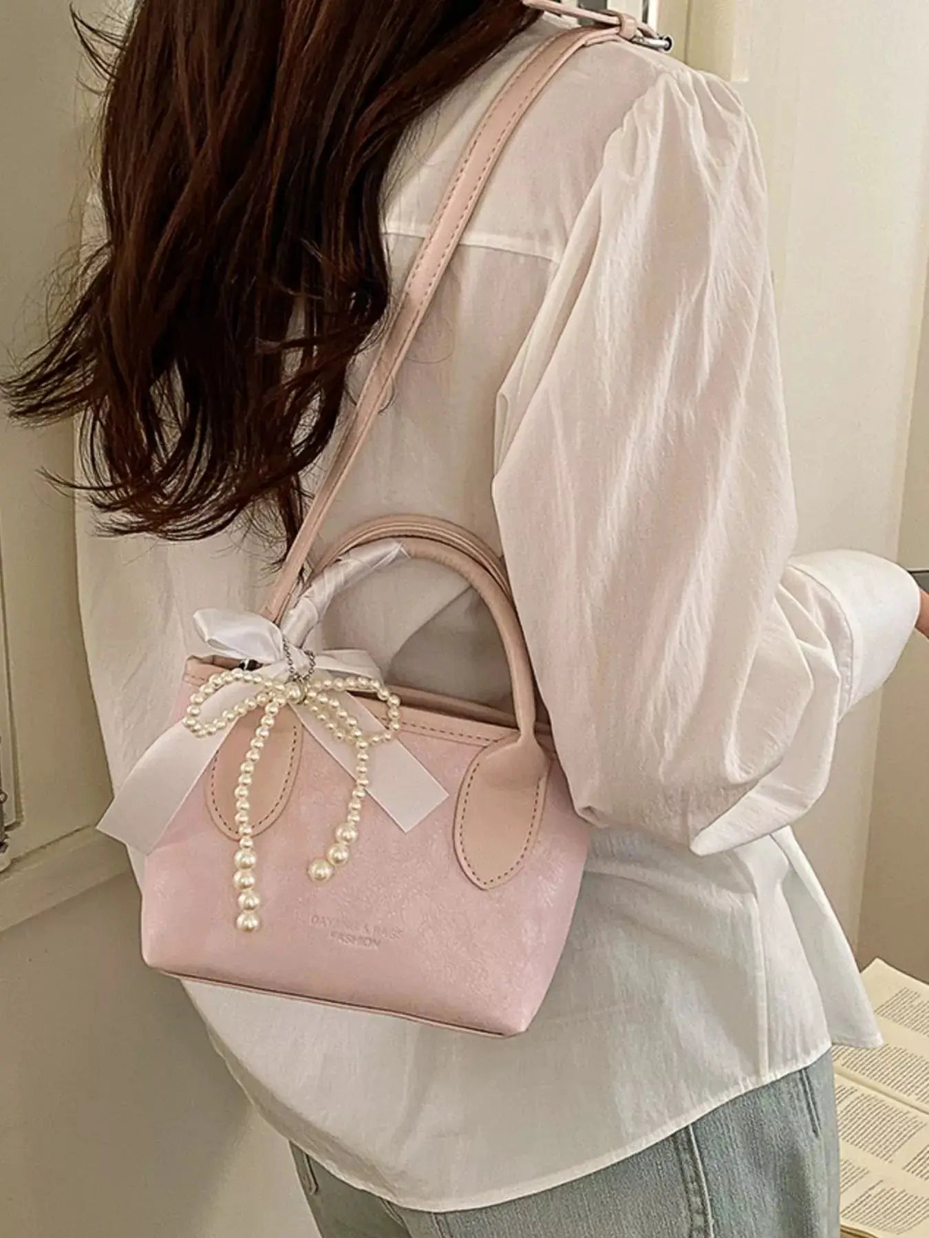 Pearl Bow Charm Crossbody Bag by Trendsi