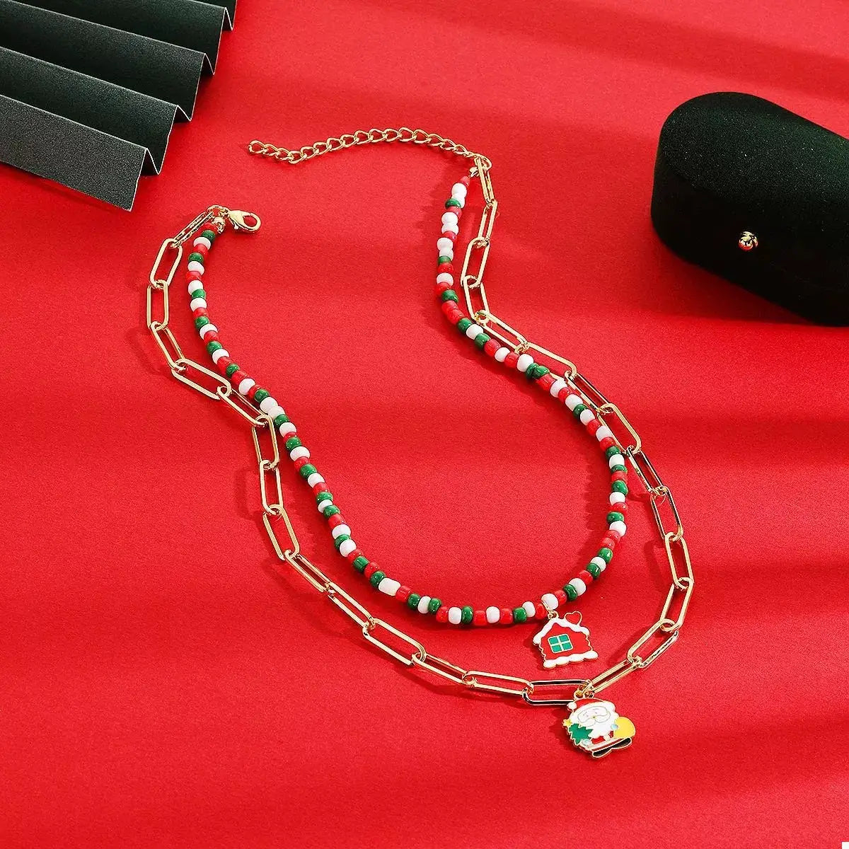Christmas Double-Layer Necklace with Colorful Beads and Pendant by Trendsi