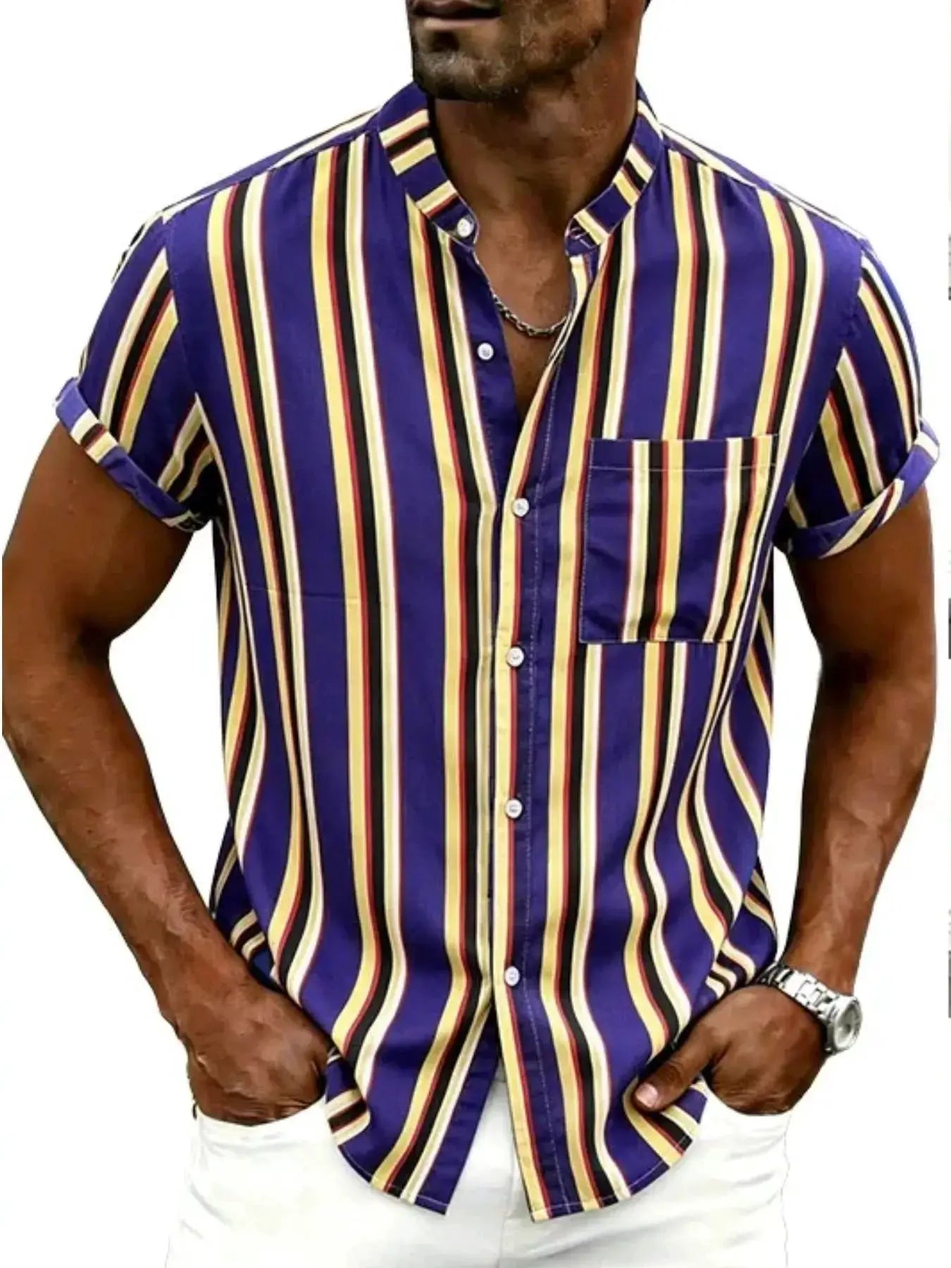 Men's Plus Size Striped Button Up Short Sleeve Shirt by Trendsi