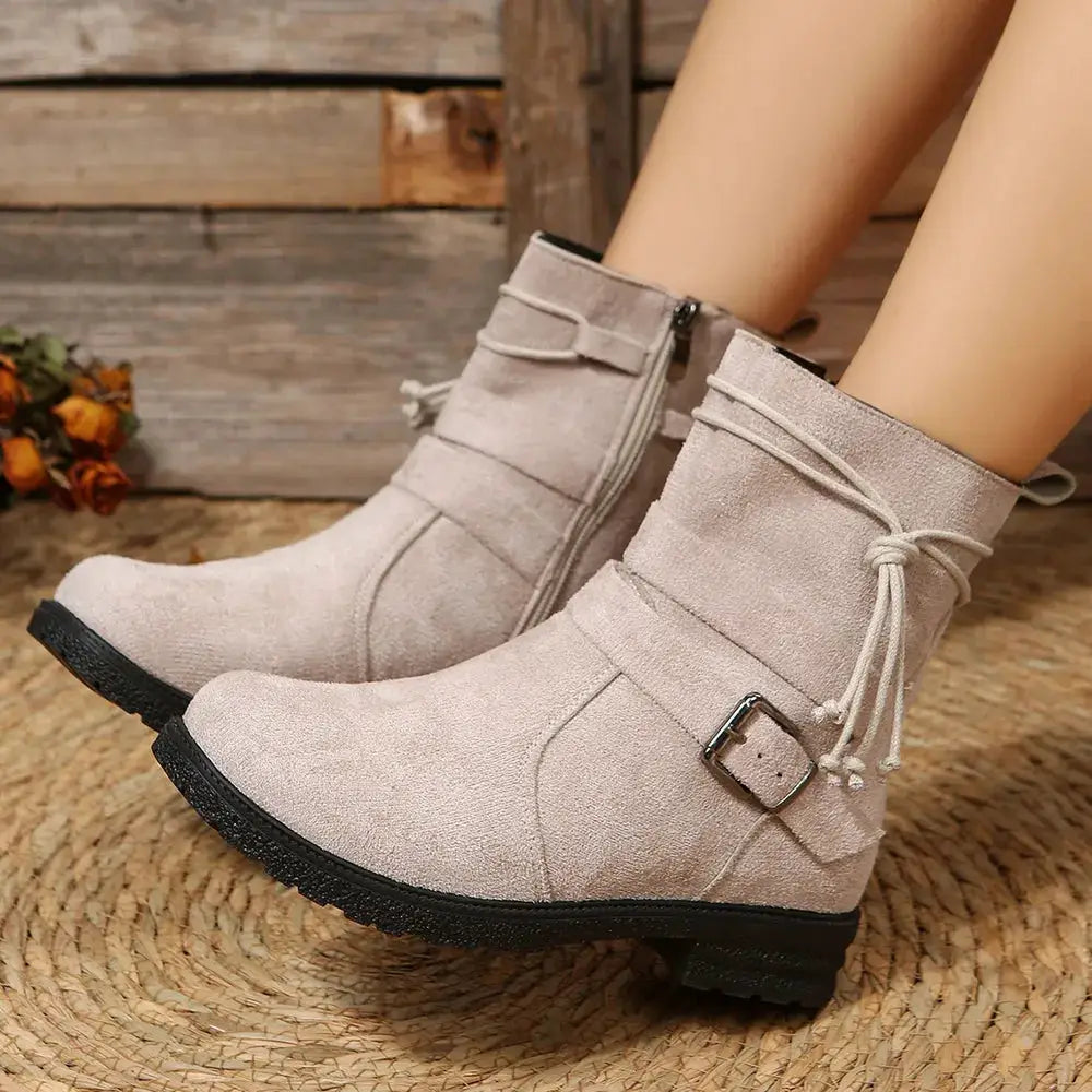 Suede Side Zip Round Toe Boots by Trendsi