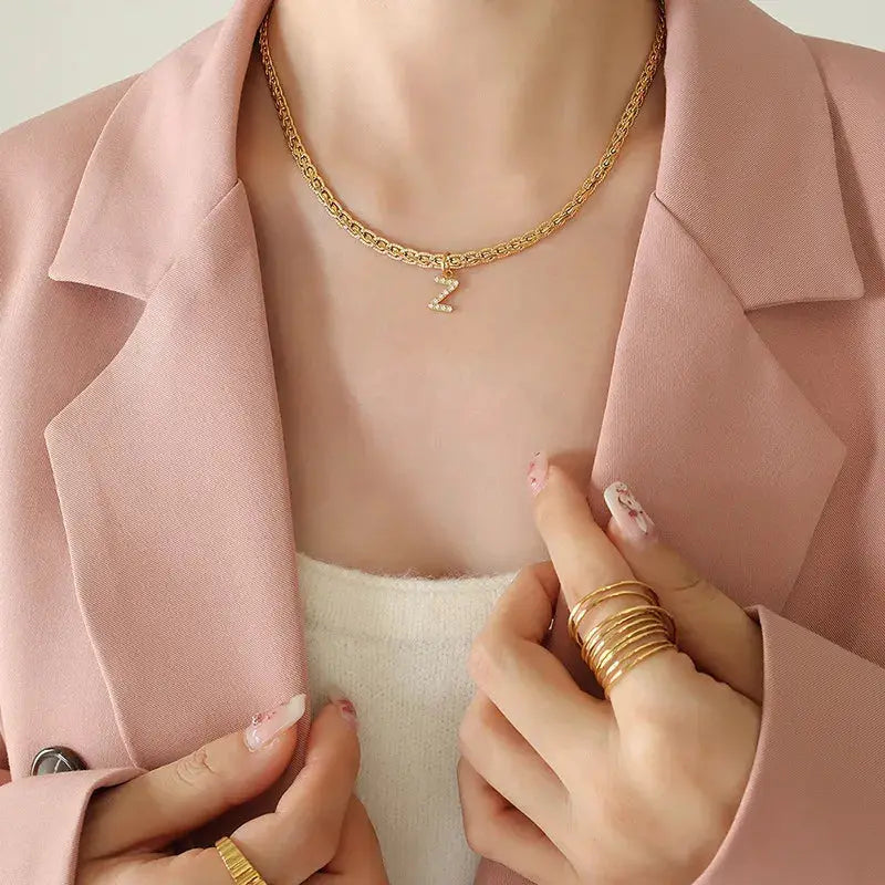 Brass Inlaid Zircon Letter Pendant Necklace by Trendsi