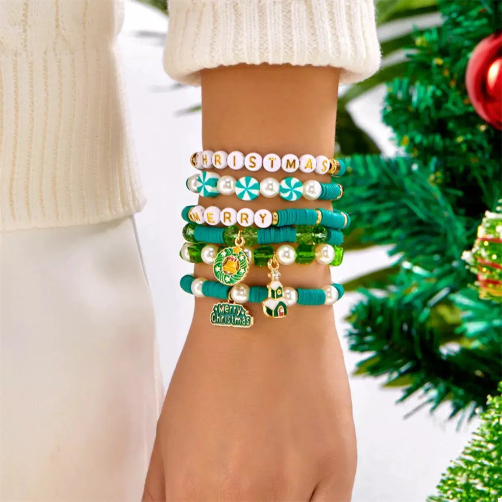 6-Piece Christmas Beaded Bracelet with Pearl Accents by Trendsi
