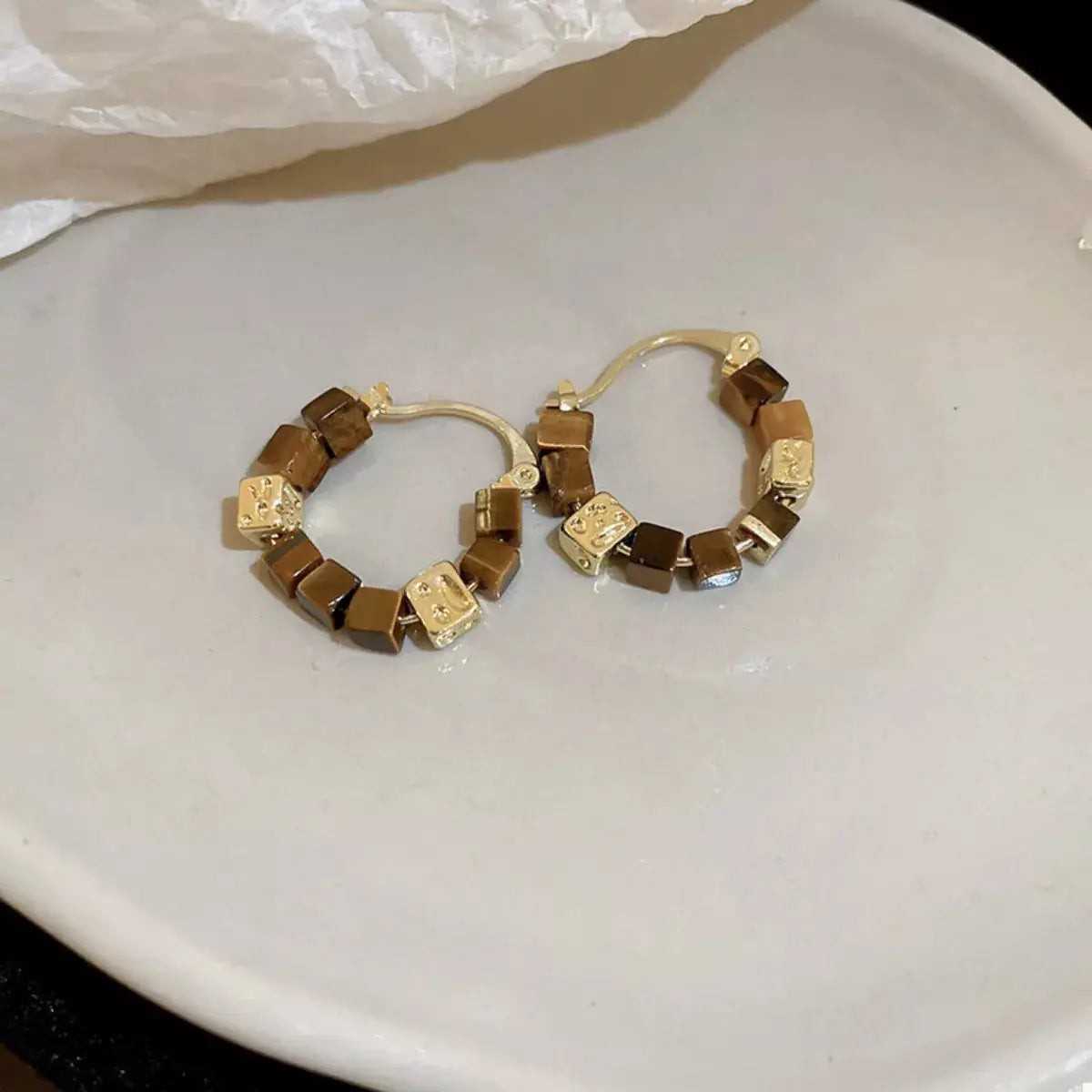 Tiger's Eye 18K Gold-Plated Copper Geometric Earrings by Trendsi