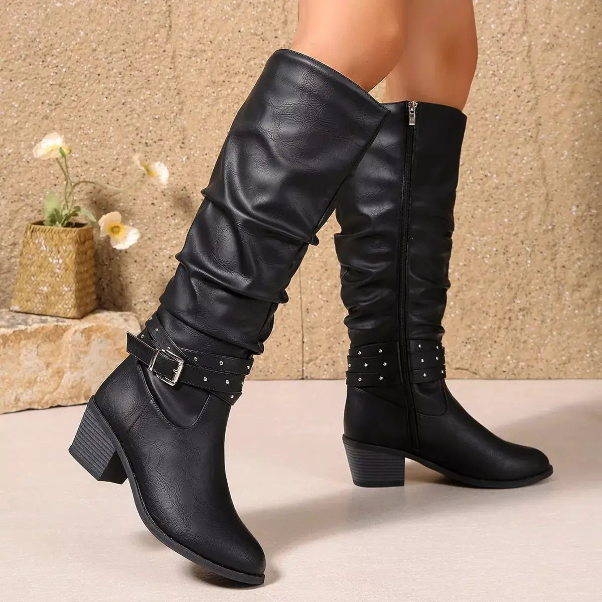 Round Toe Block Heels Boots by Trendsi