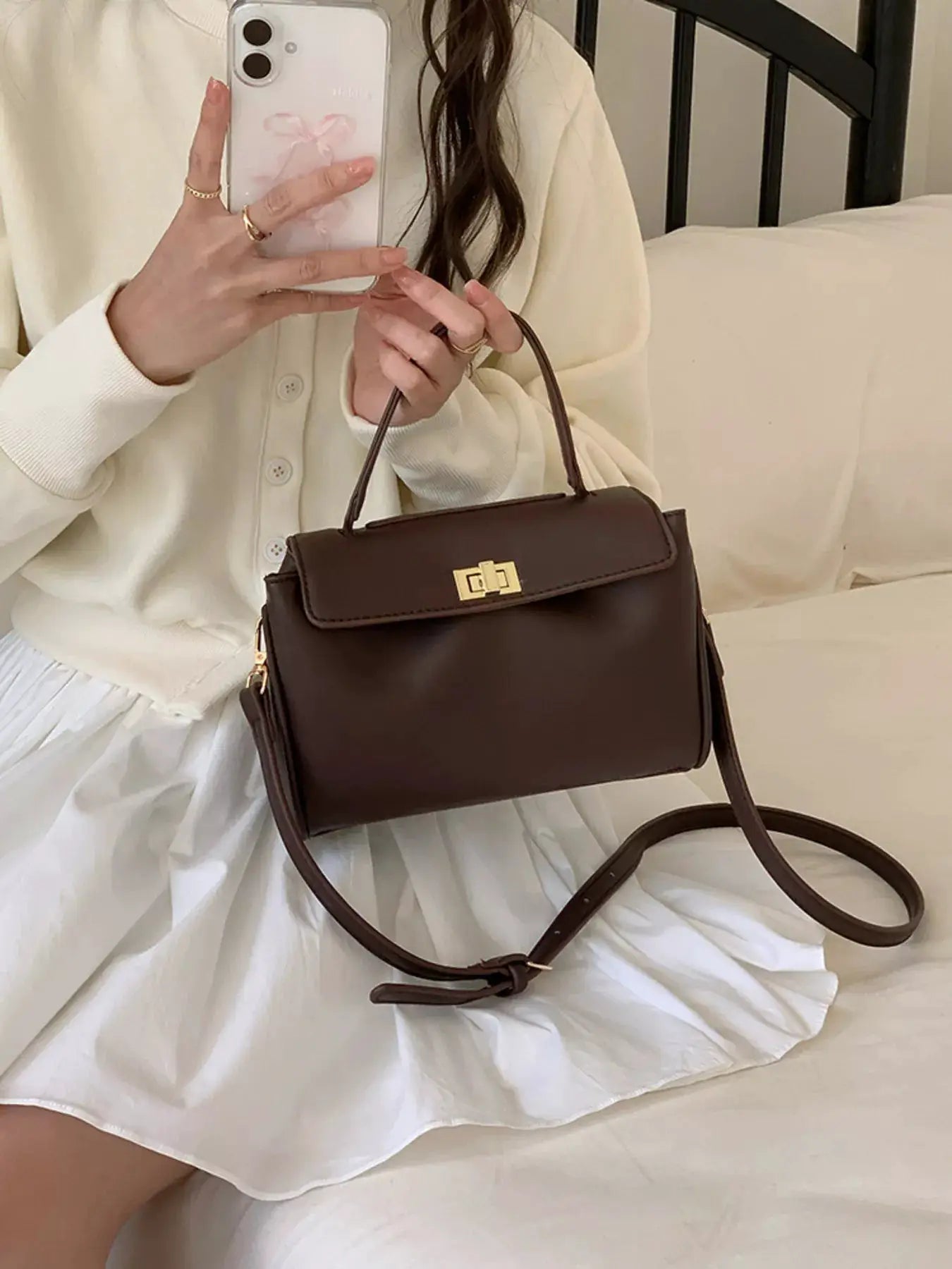 Golden Clasp Leather Crossbody Bag by Trendsi