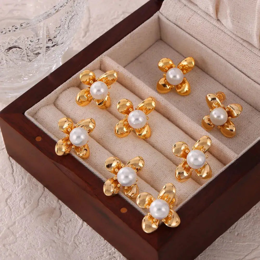 Synthetic Pearl Titanium Steel Flower Earrings by Trendsi