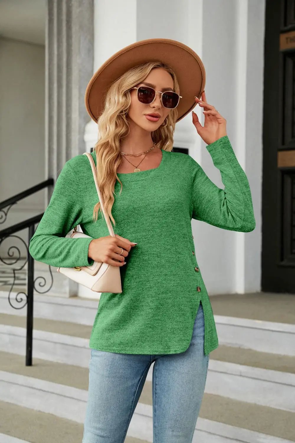 Square Neck Long Sleeve Slit T-Shirt by Trendsi
