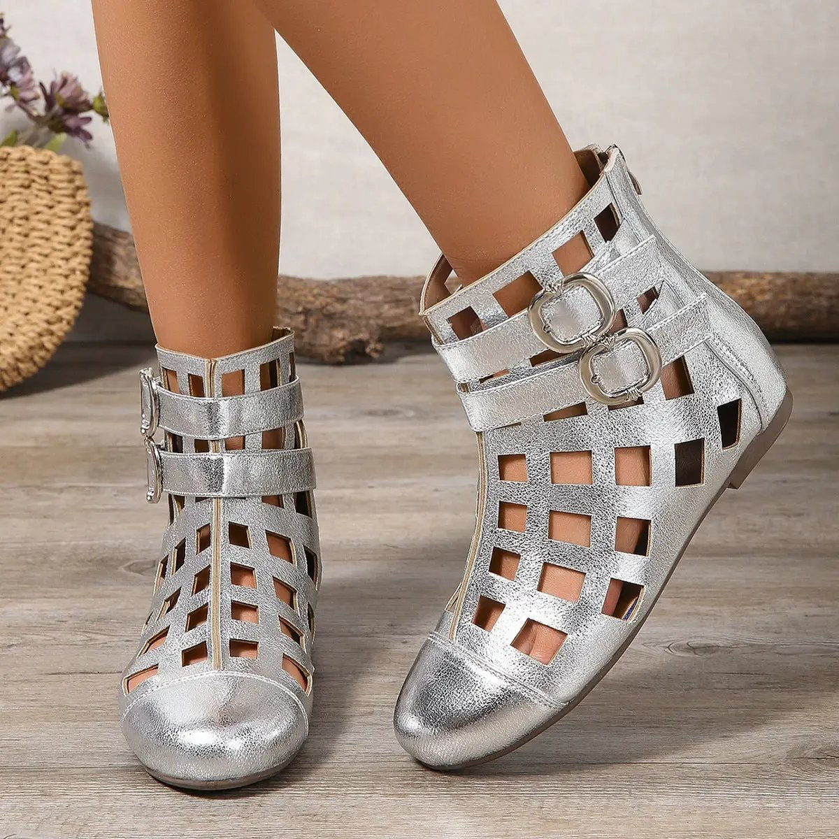 Round Toe Cutout Boots by Trendsi