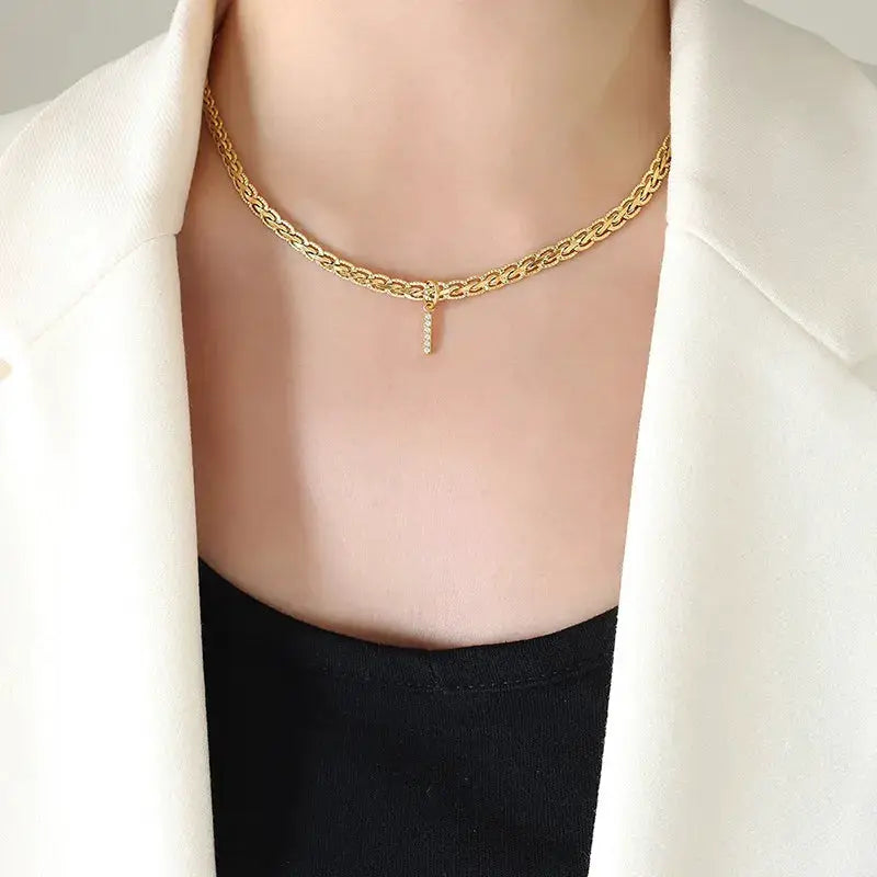 Brass Inlaid Zircon Letter Pendant Necklace by Trendsi