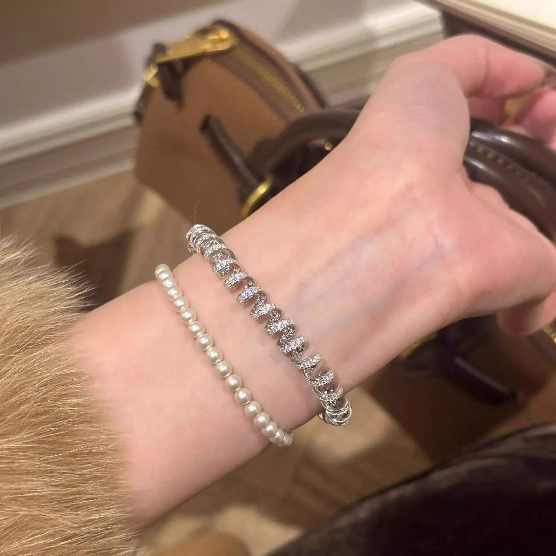 Alloy Zircon Silver-Plated Coil Bracelet by Trendsi