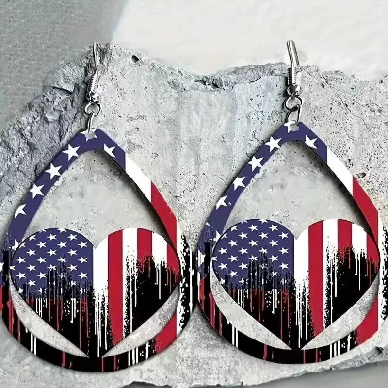 US Flag Pattern Wooden Earrings by Trendsi