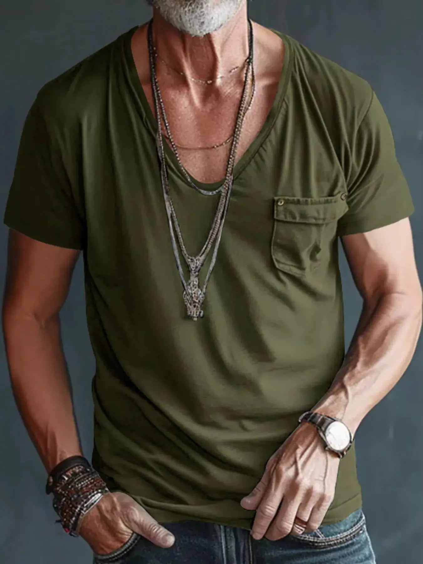 Men's Full Size V-Neck Pocket T-Shirt Plus Size by Trendsi