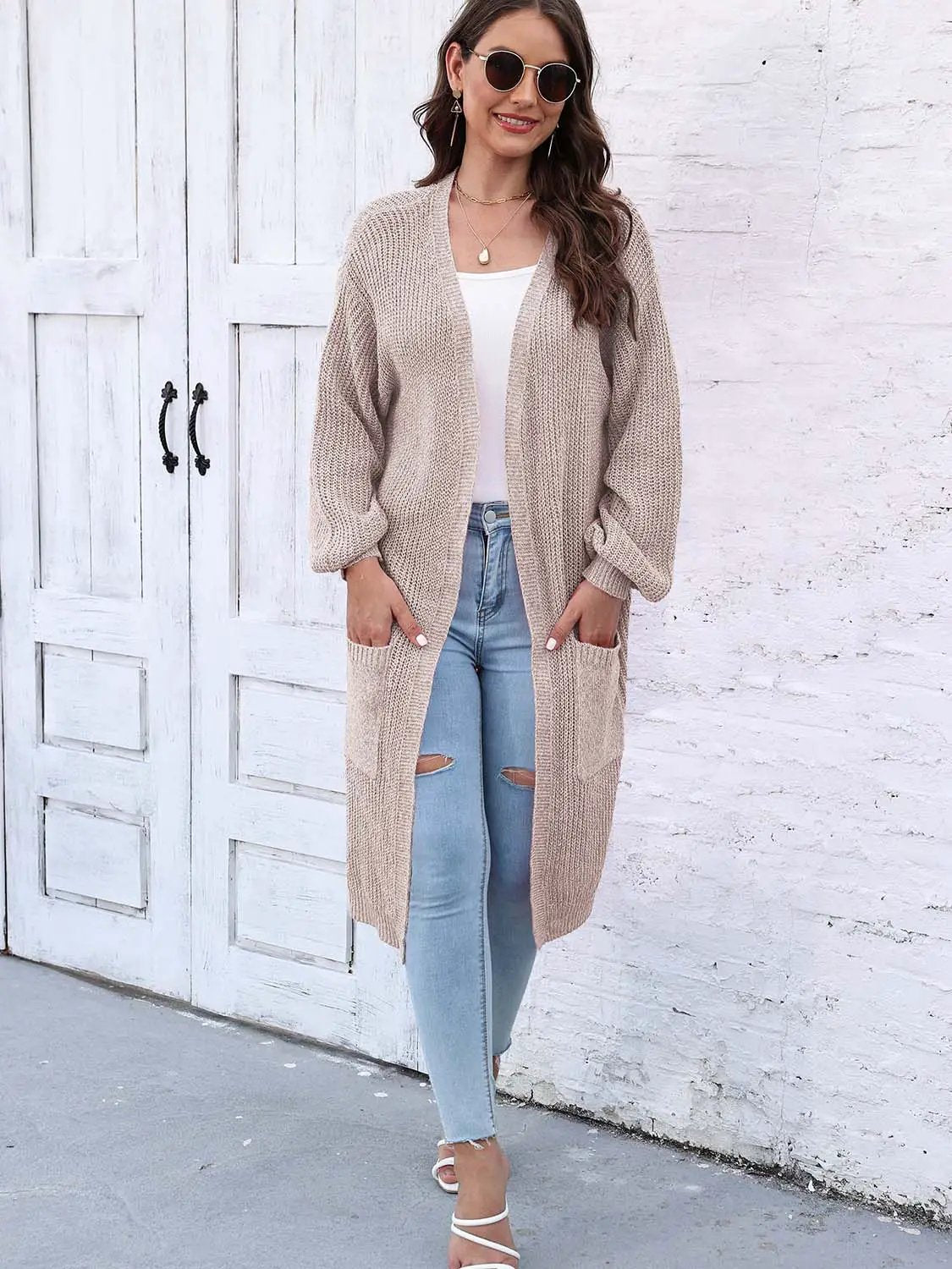 Open Front Longline Cardigan with Pockets by Trendsi