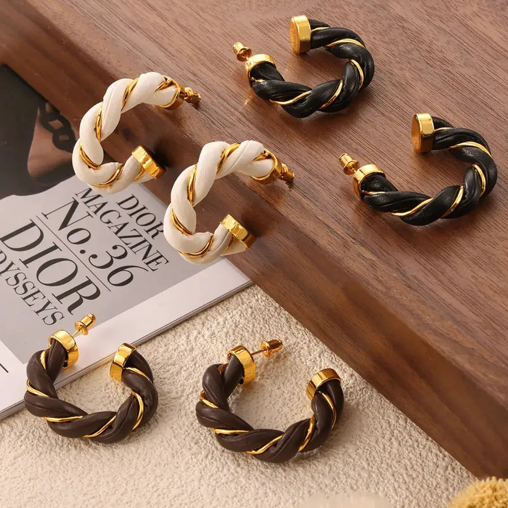 Twisted Leather Rope C-Hoop Earrings by Trendsi