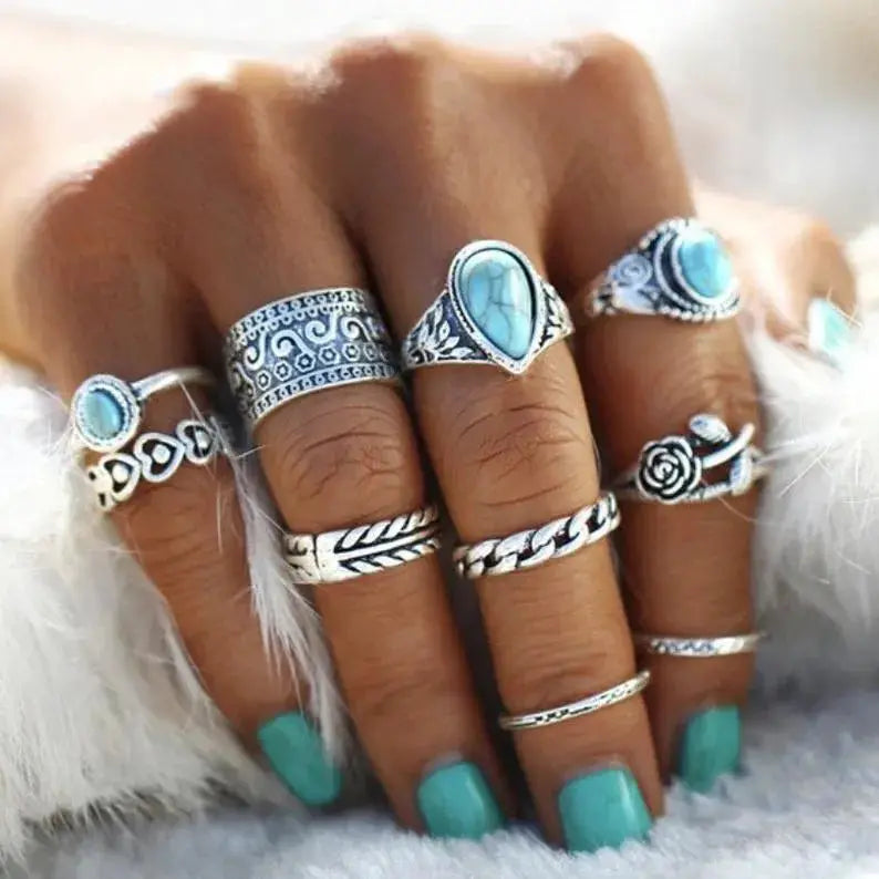 Artificial Turquoise Alloy Ring 10-Piece Set by Trendsi