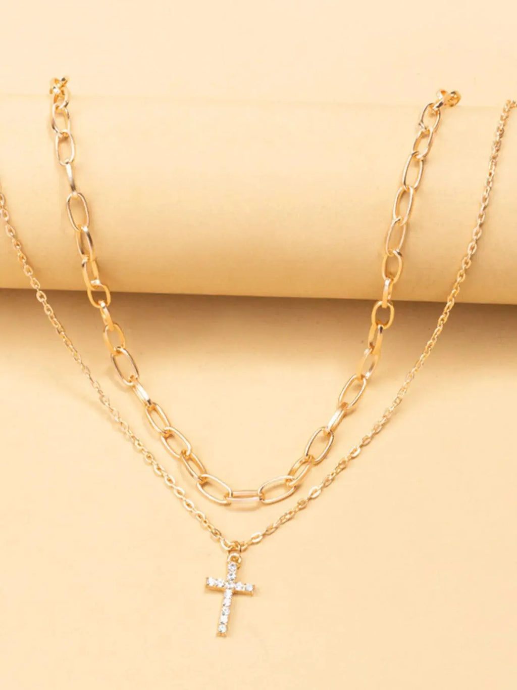Double Layered Inlaid Zircon Cross Pendant Necklace by Trendsi