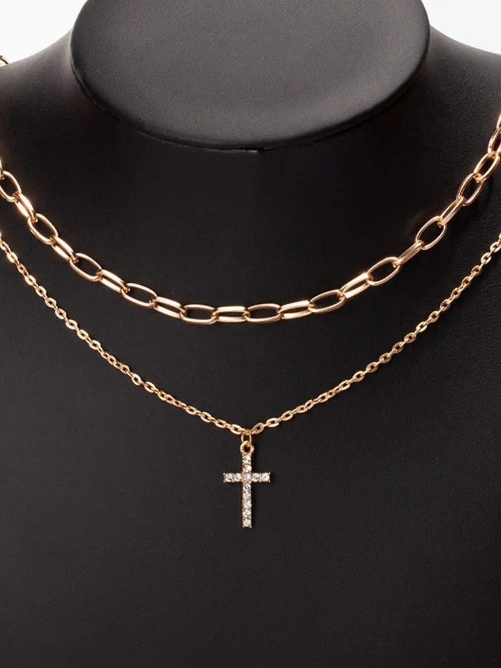 Double Layered Inlaid Zircon Cross Pendant Necklace by Trendsi